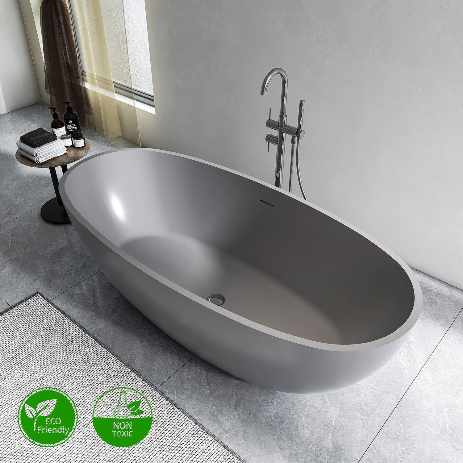 65 in. Dark Gray Oval Solid Surface Freestanding Bathtub, One-Piece Stone Resin Soaking Tub with Center Drain for Modern Bathrooms