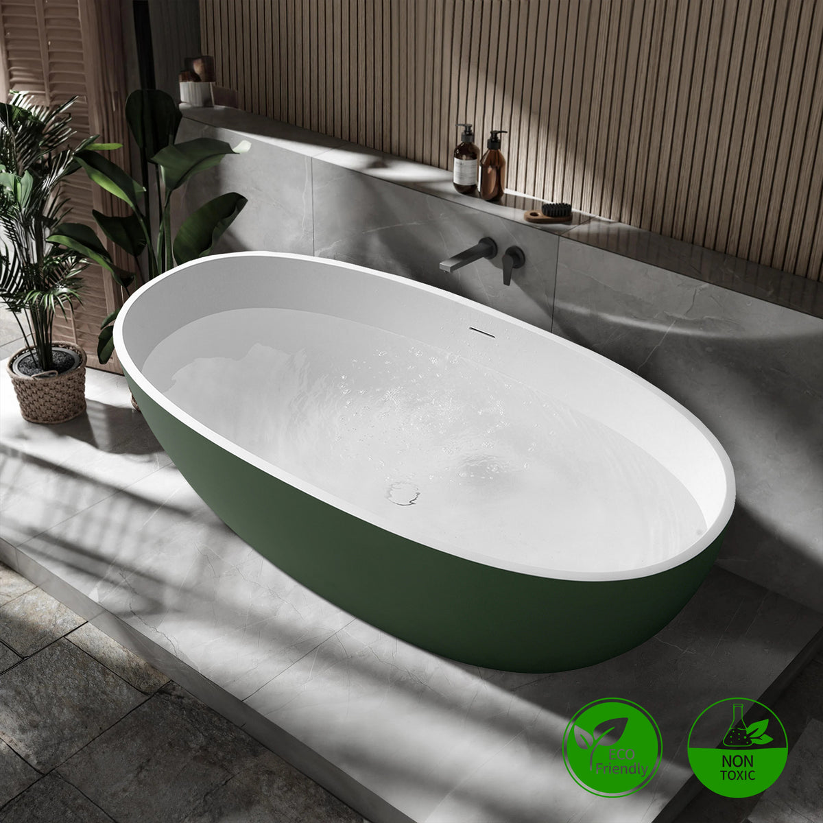 RAINLEX 65 in. Oval Solid Surface Freestanding Soaking Bathtub