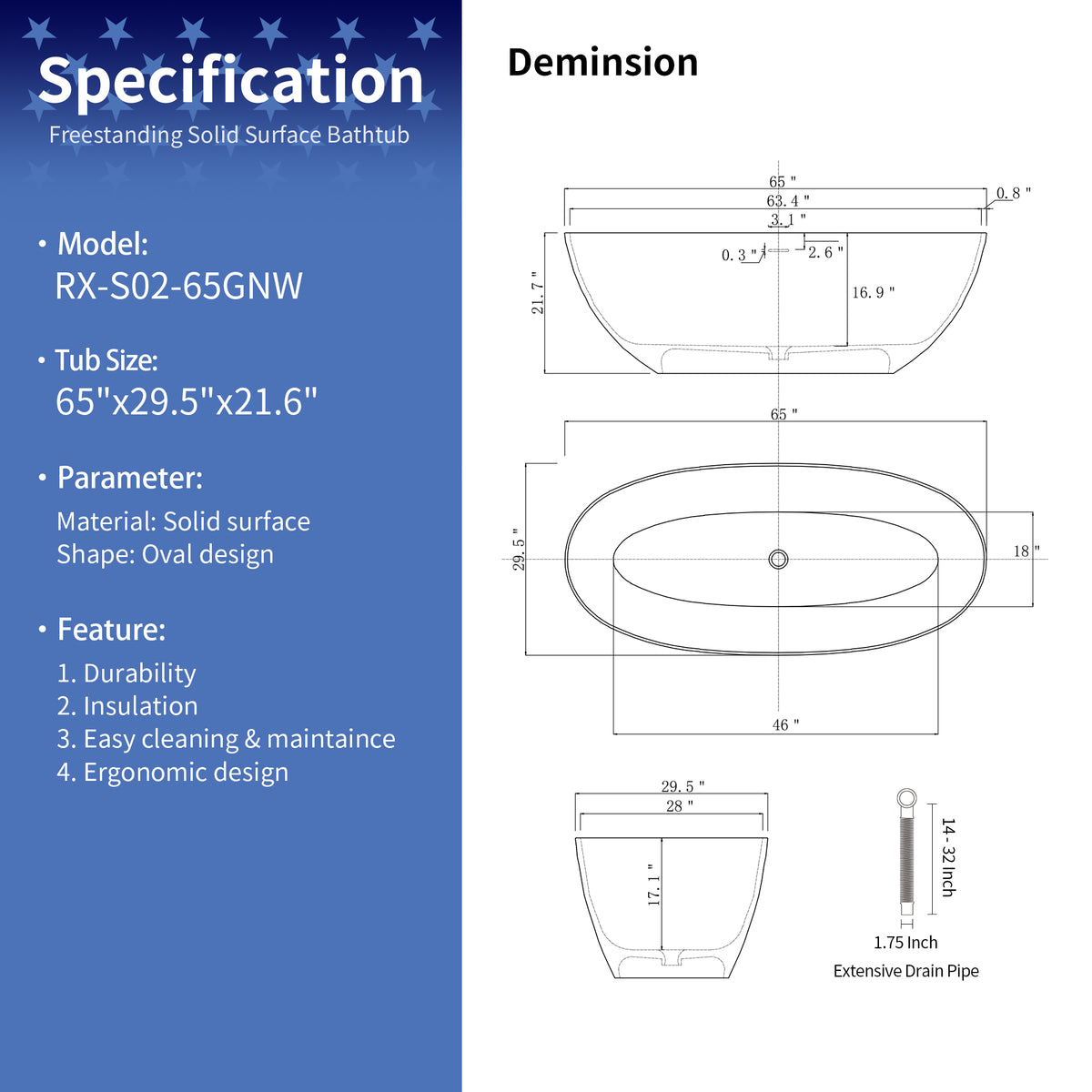 RAINLEX 65 in. Oval Solid Surface Freestanding Soaking Bathtub
