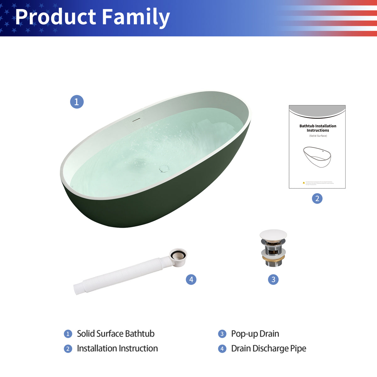 RAINLEX 65 in. Oval Solid Surface Freestanding Soaking Bathtub
