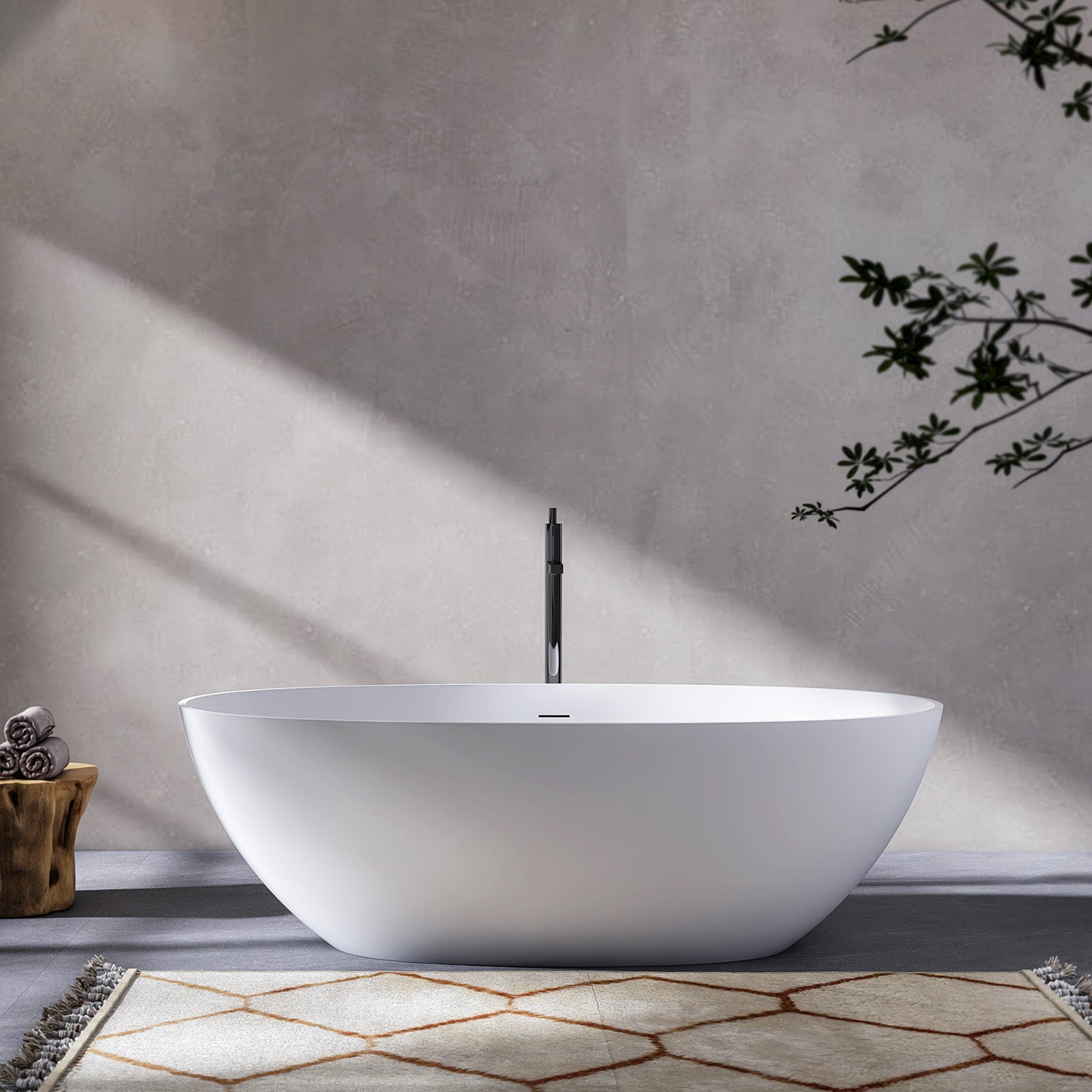 71 in. Oval Solid Surface Freestanding Bathtub, Matte White One-Piece Stone Resin Soaking Tub with Center Drain