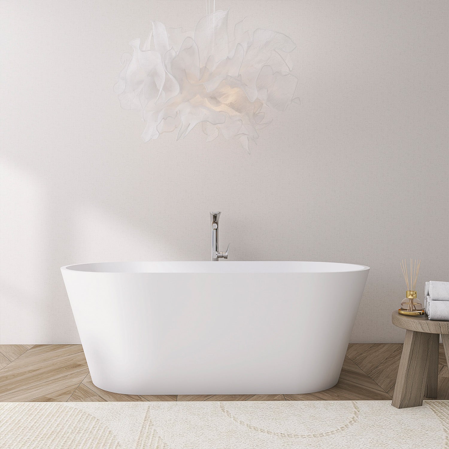 55–71 in. Matte White Oval Solid Surface Freestanding Soaking Bathtub, One-Piece Stone Resin Tub with Center Drain