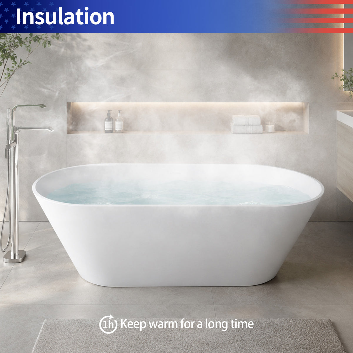 RAINLEX 55–71 in. Matte White Oval Solid Surface Freestanding Soaking Bathtub