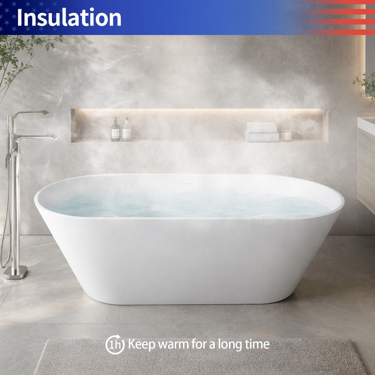 RAINLEX 55–71 in. Matte White Oval Solid Surface Freestanding Soaking Bathtub