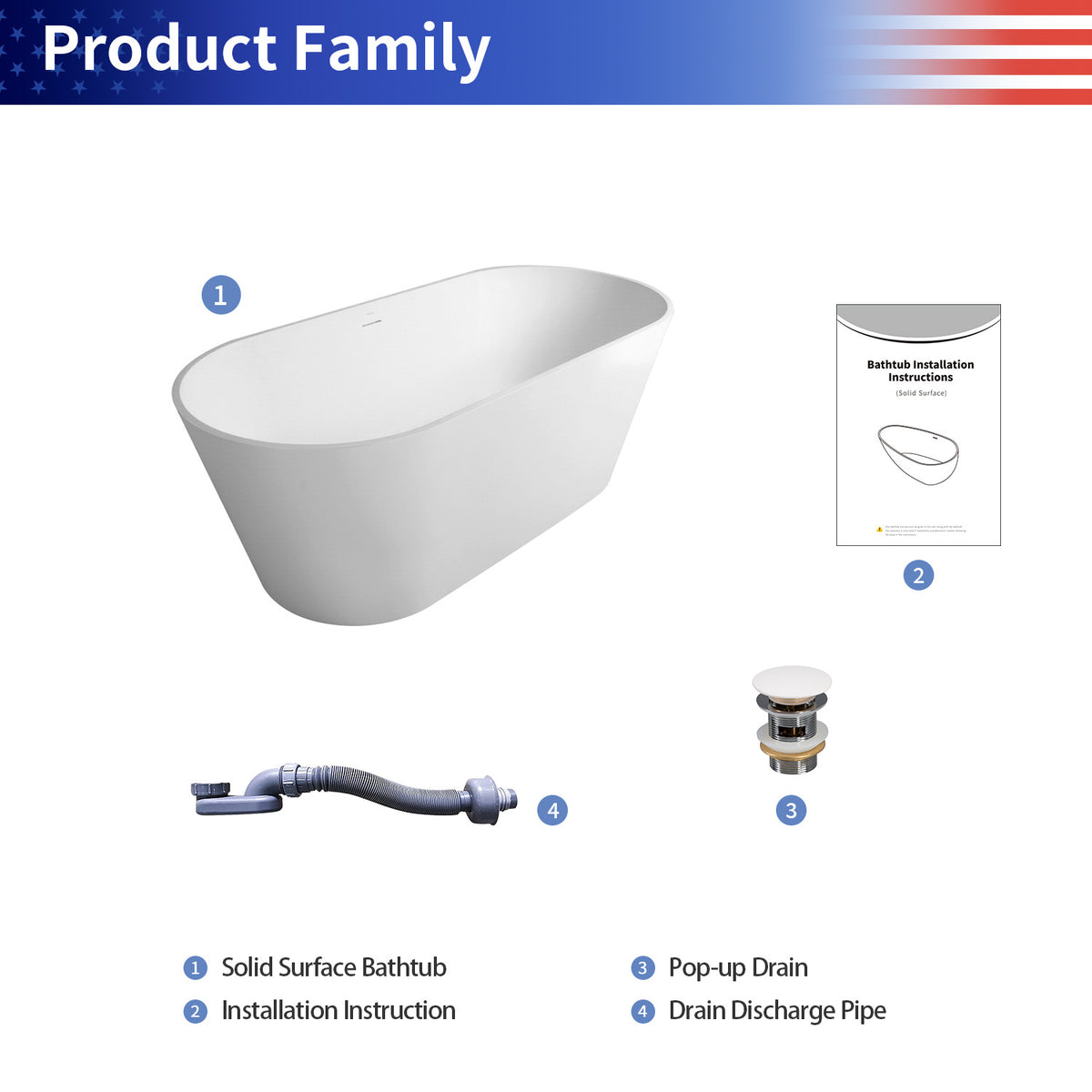 RAINLEX 55–71 in. Matte White Oval Solid Surface Freestanding Soaking Bathtub