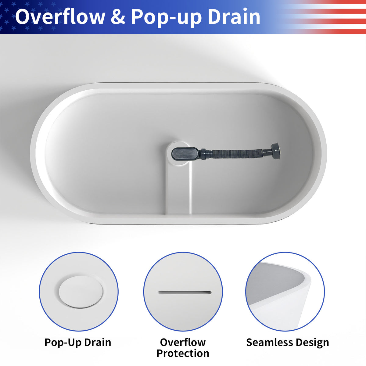 RAINLEX 55–71 in. Matte White Oval Solid Surface Freestanding Soaking Bathtub