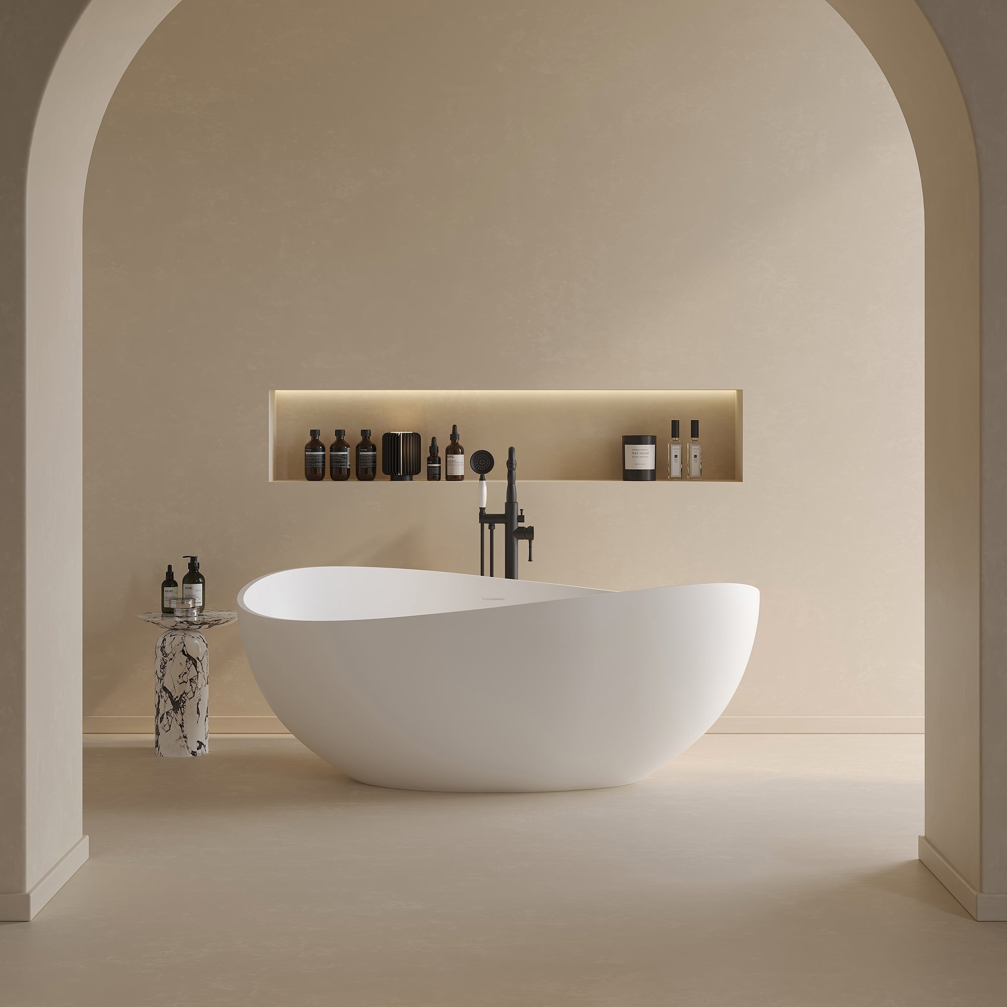 63" Oval Solid Surface Soaking Bathtub with Overflow