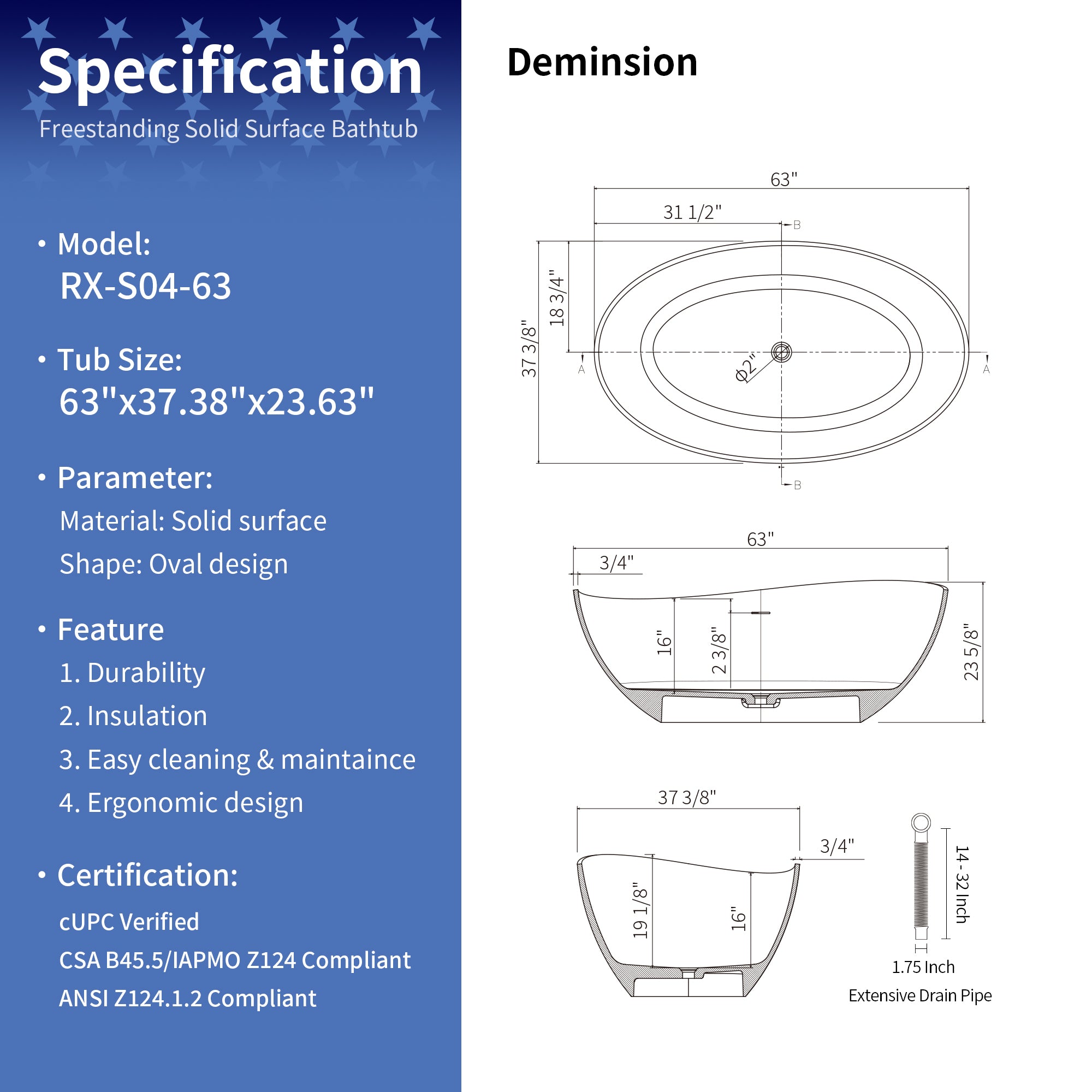 63" Oval Solid Surface Freestanding Soaking Bathtub,RX-S04-63