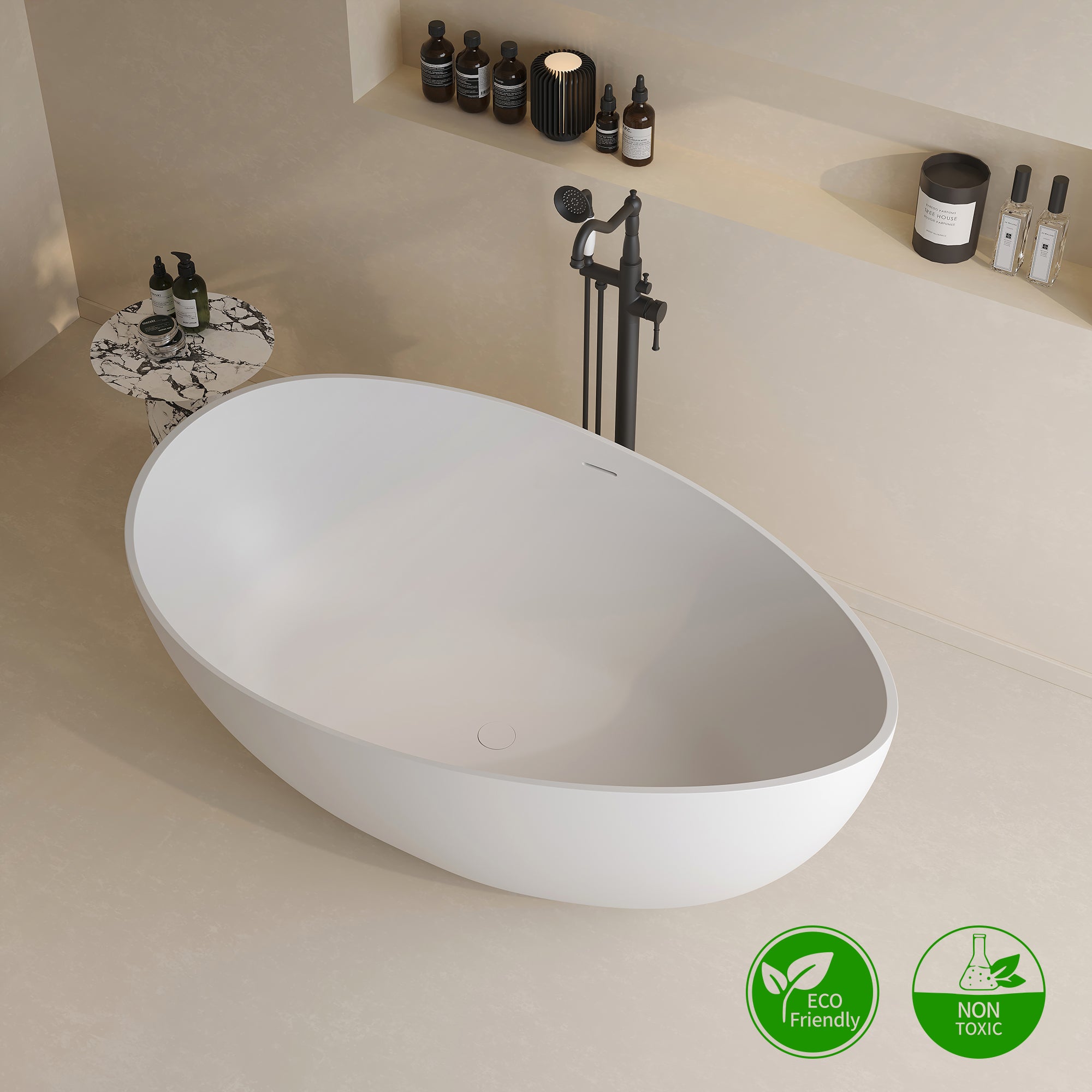 Baignoire autoportante ovale de 63 po en surface solide avec trop-plein RX-S04-63