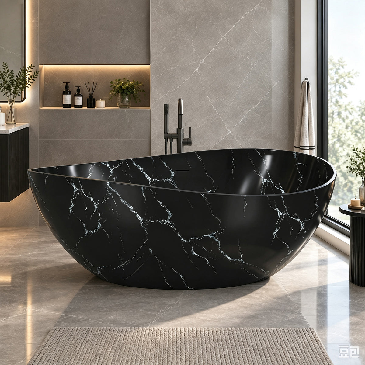 63 in. Wave-Rim Solid Surface Freestanding Bathtub, Matte Black with White Marble Veining