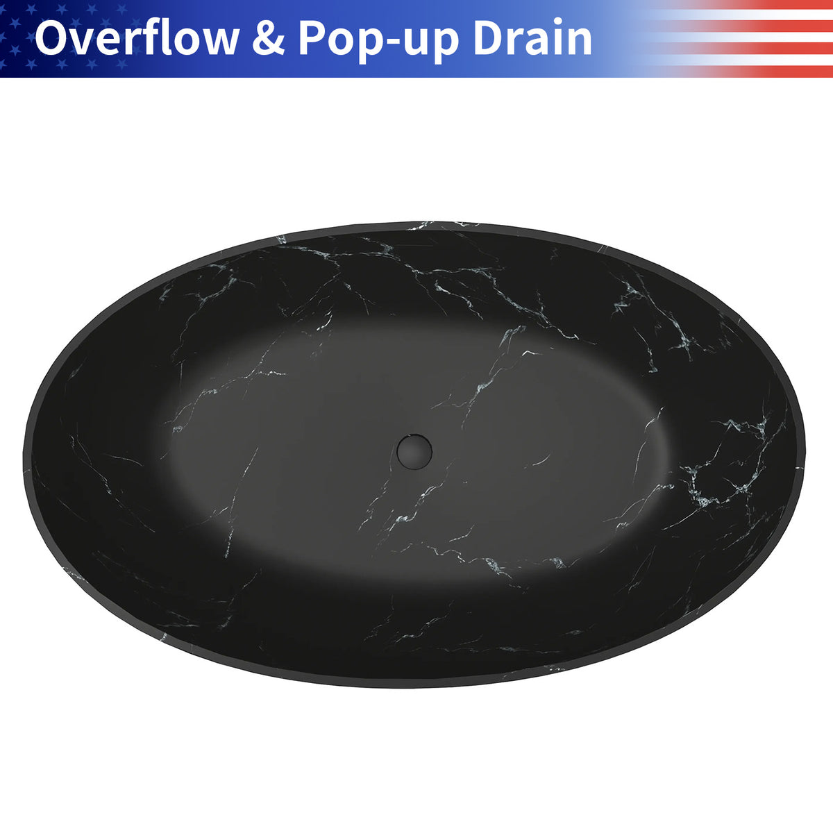 63 in. Wave-Rim Solid Surface Freestanding Bathtub, Matte Black with White Marble Veining