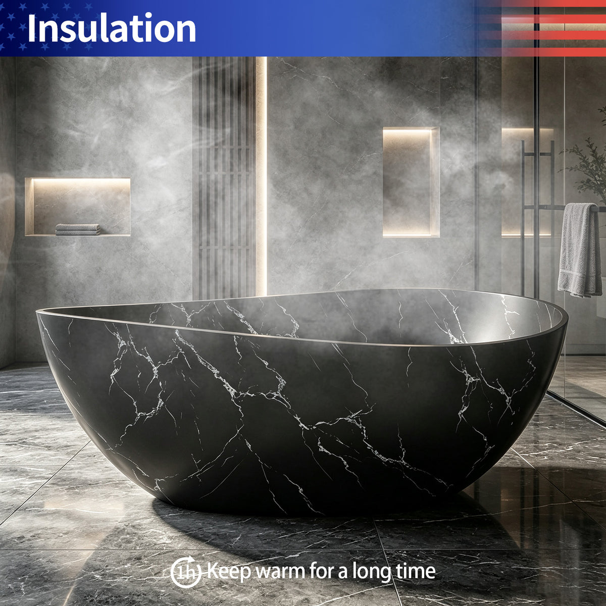 63 in. Wave-Rim Solid Surface Freestanding Bathtub, Matte Black with White Marble Veining
