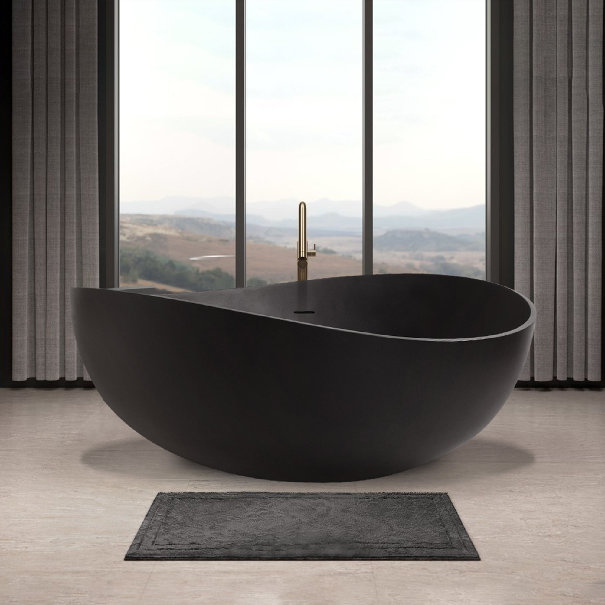 63" Matte Black Solid Surface Freestanding Soaking Bathtub