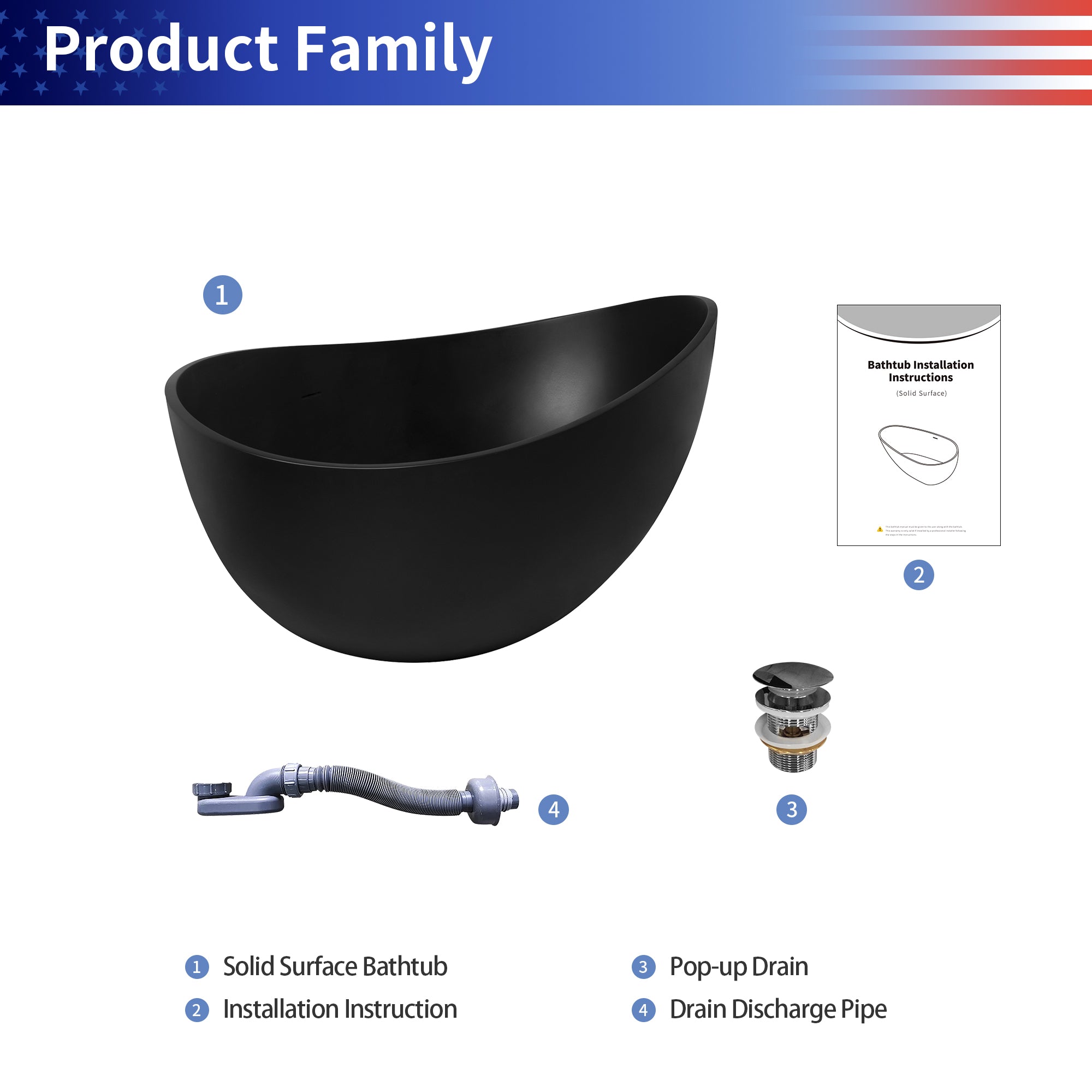 63" Matte Black Solid Surface Freestanding Soaking Bathtub