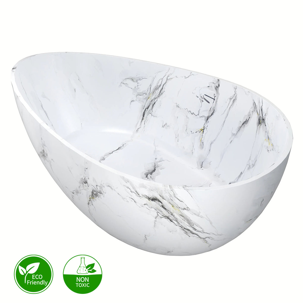 63 in. Wave-Rim Stone Resin Freestanding Bathtub, Matte White with Calacatta Gold Marble Veining