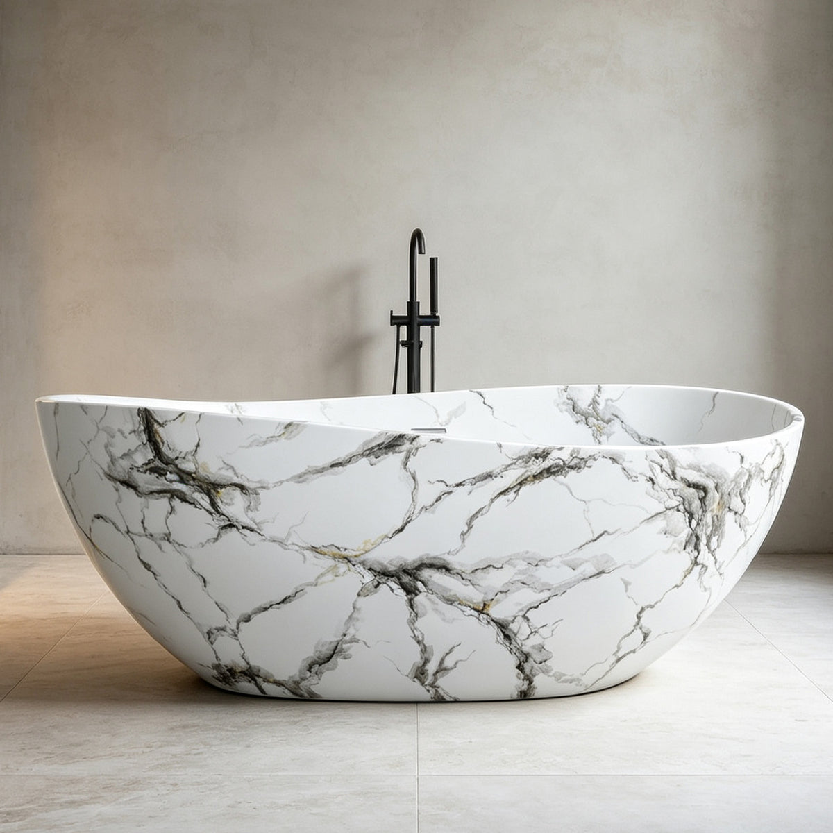 63 in. Wave-Rim Stone Resin Freestanding Bathtub, Matte White with Calacatta Gold Marble Veining