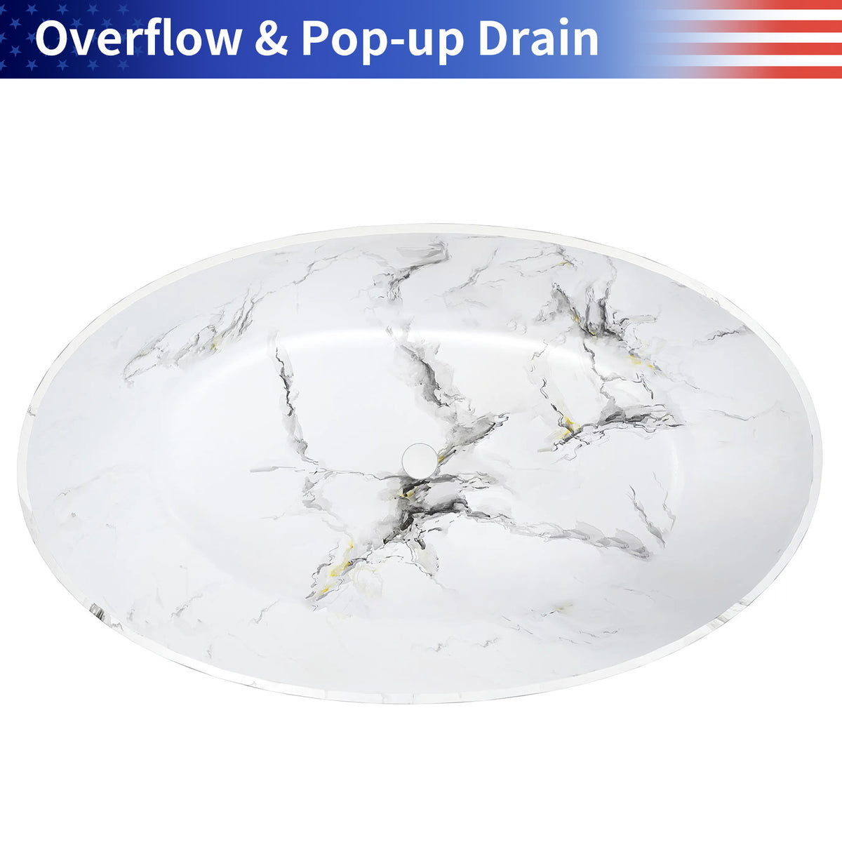 63 in. Wave-Rim Stone Resin Freestanding Bathtub, Matte White with Calacatta Gold Marble Veining