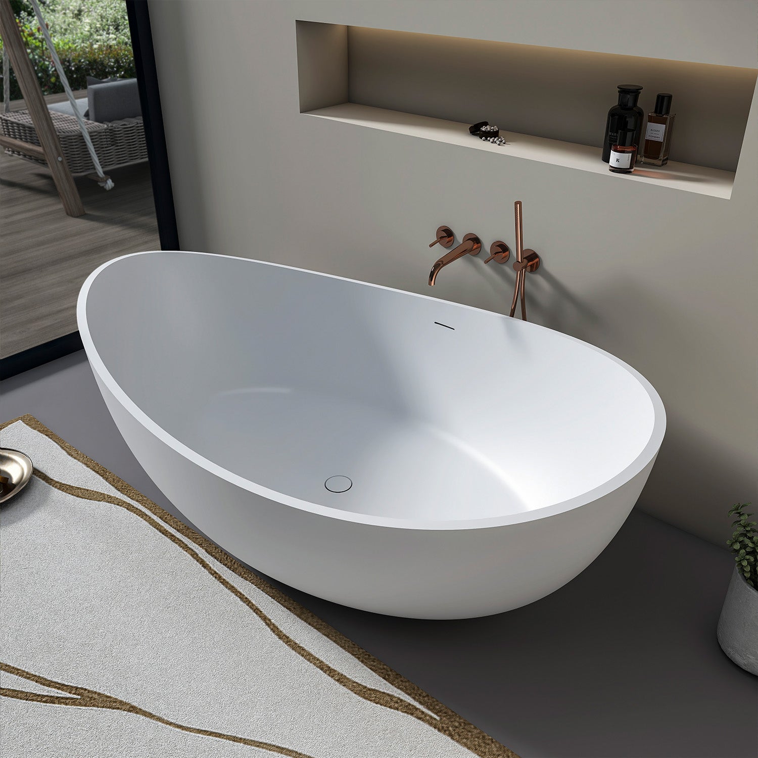 71 in. Solid Surface Freestanding Soaking Bathtub, Oval Stone Resin Tub with Center Drain