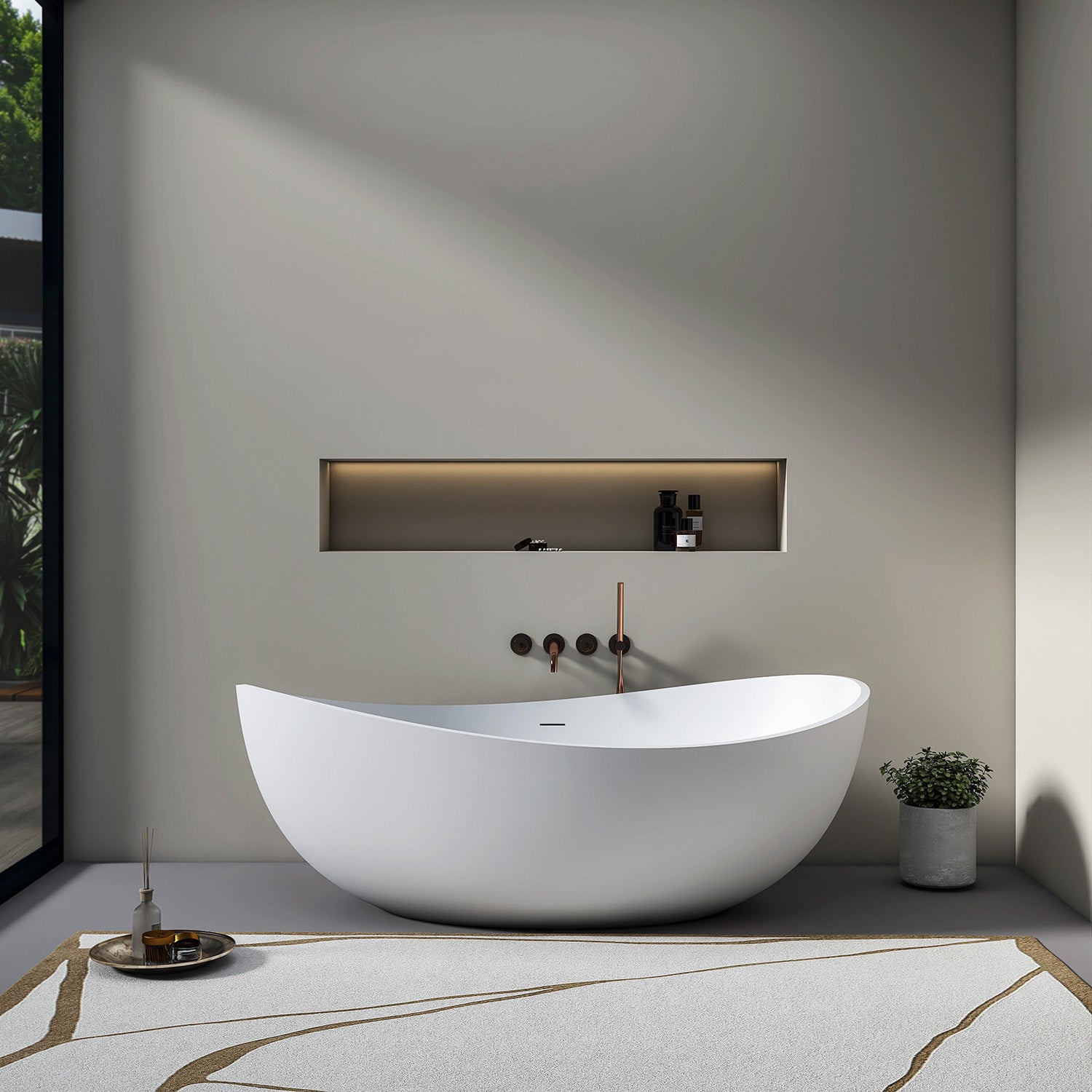 71 in. Solid Surface Freestanding Soaking Bathtub, Oval Stone Resin Tub with Center Drain