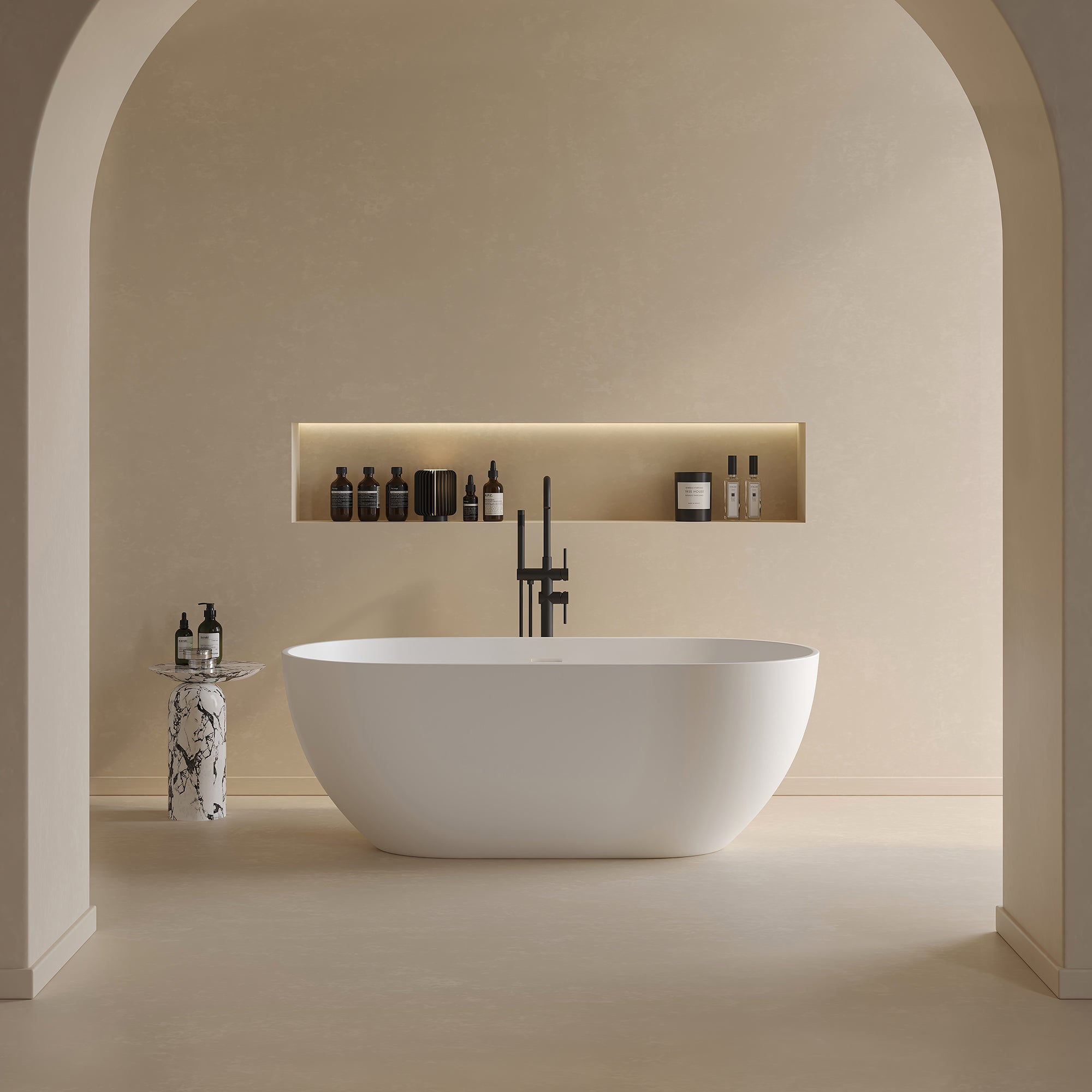 59" Oval Solid Surface Soaking Bathtub with Overflow