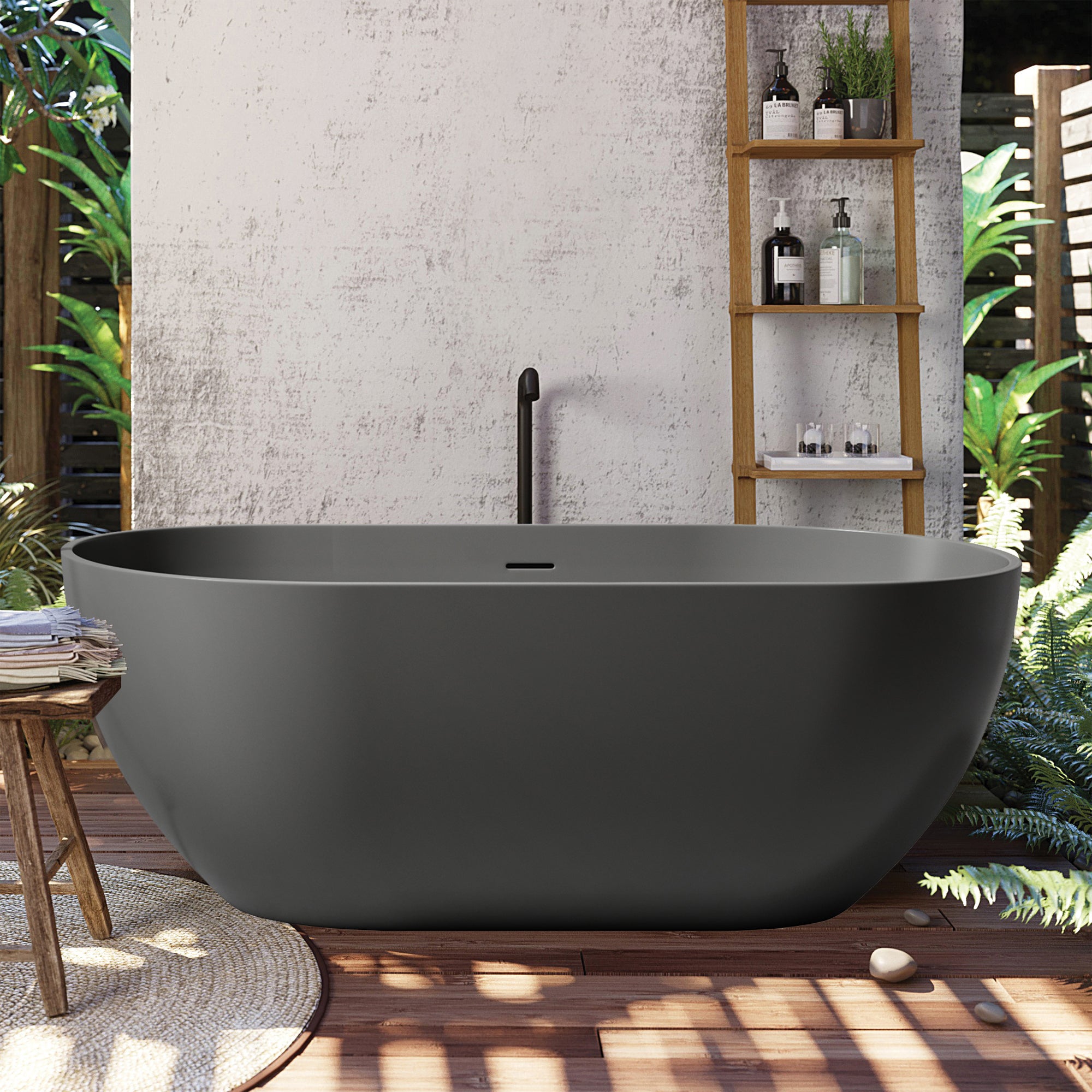 59 in. Oval Solid Surface Freestanding Bathtub, One-Piece Soaking Tub for Small to Medium Bathrooms
