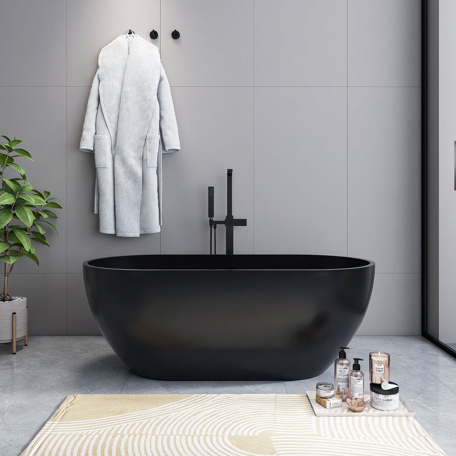 59 in. Oval Solid Surface Freestanding Bathtub, One-Piece Soaking Tub for Small to Medium Bathrooms
