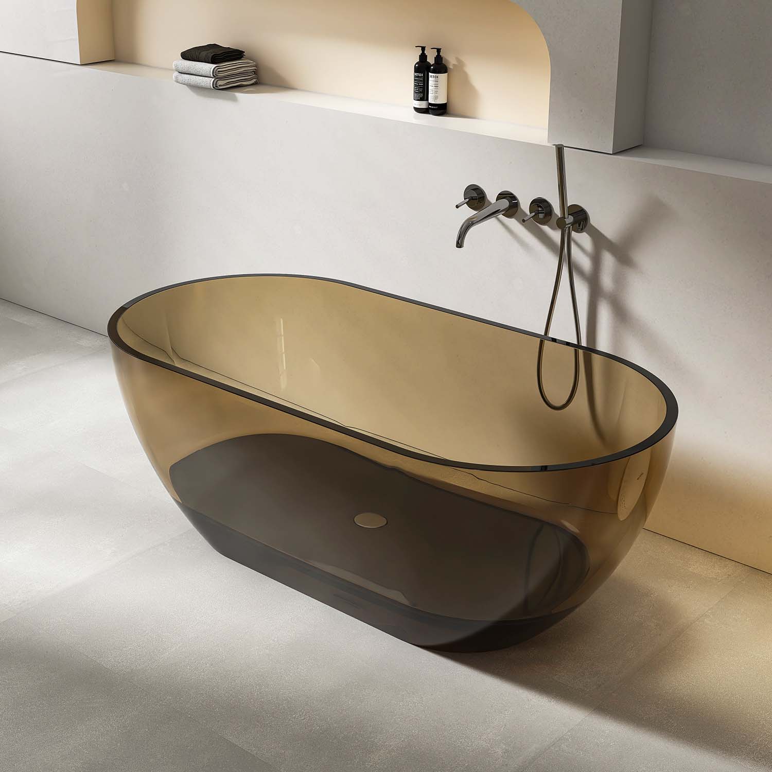 59 in. Transparent Brown Oval Resin Freestanding Bathtub, Matte Stone Resin One-Piece Soaking Tub for Small to Medium Bathrooms