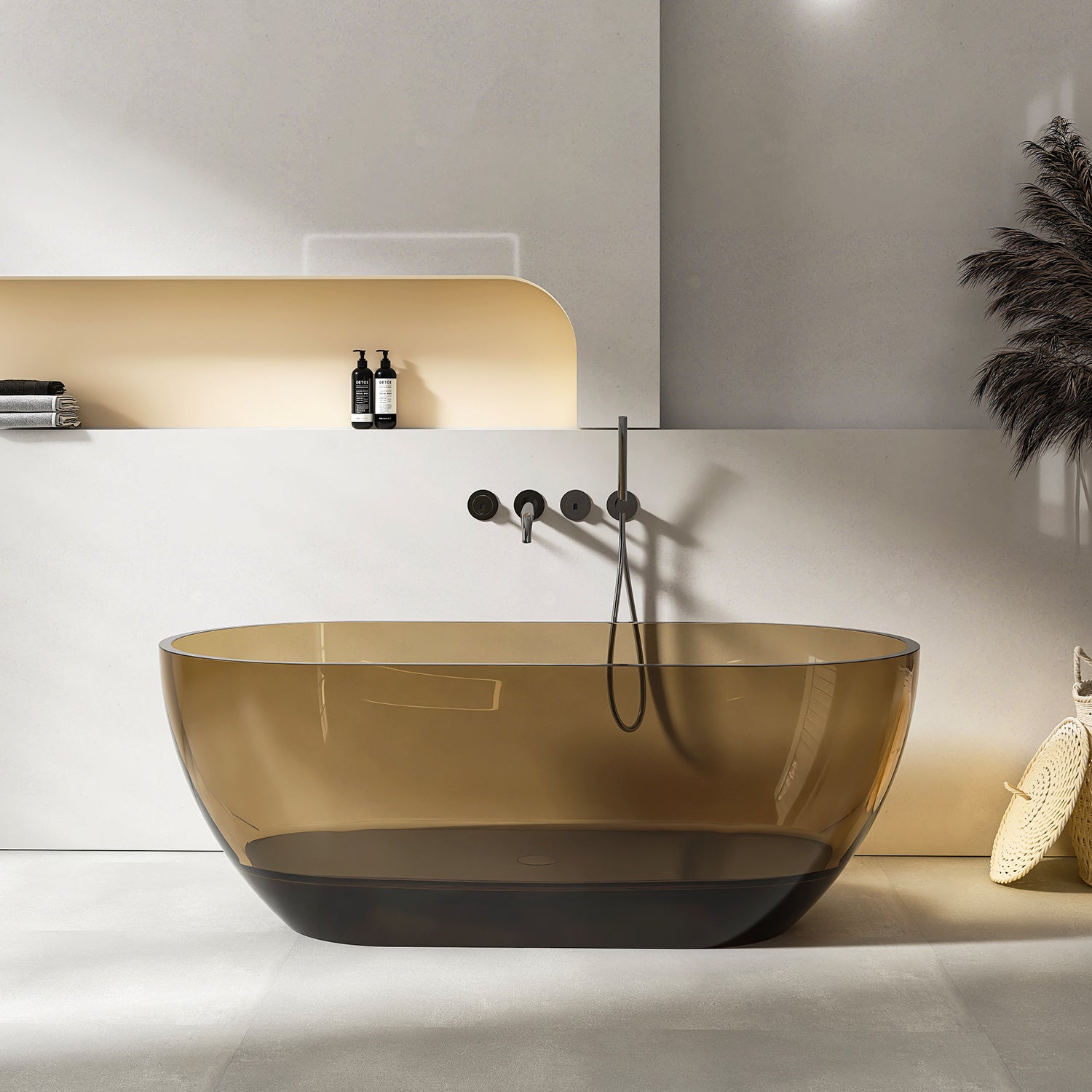 59 in. Transparent Brown Oval Resin Freestanding Bathtub, Matte Stone Resin One-Piece Soaking Tub for Small to Medium Bathrooms