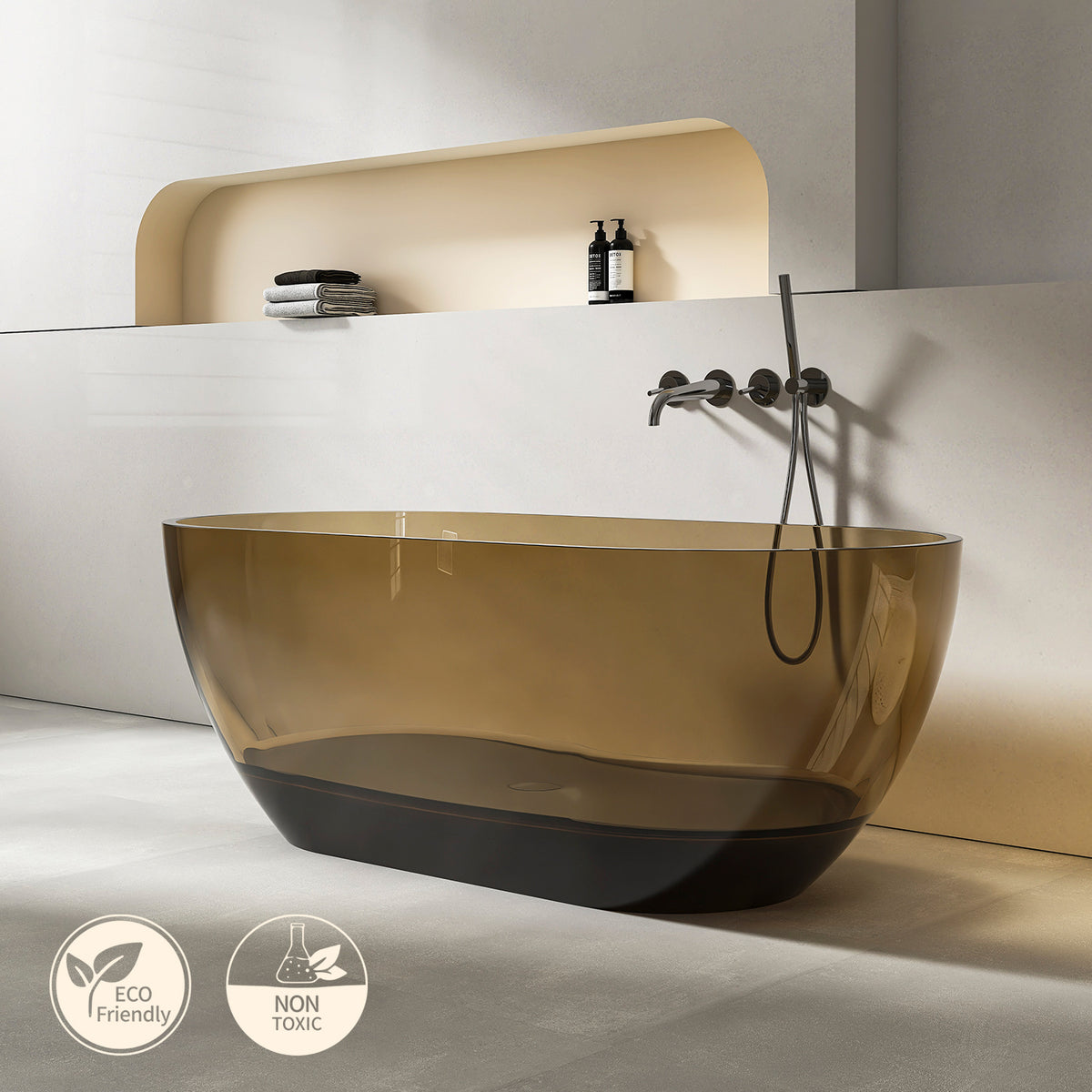RAINLEX 59 in. Transparent Brown Oval Resin Freestanding Bathtub
