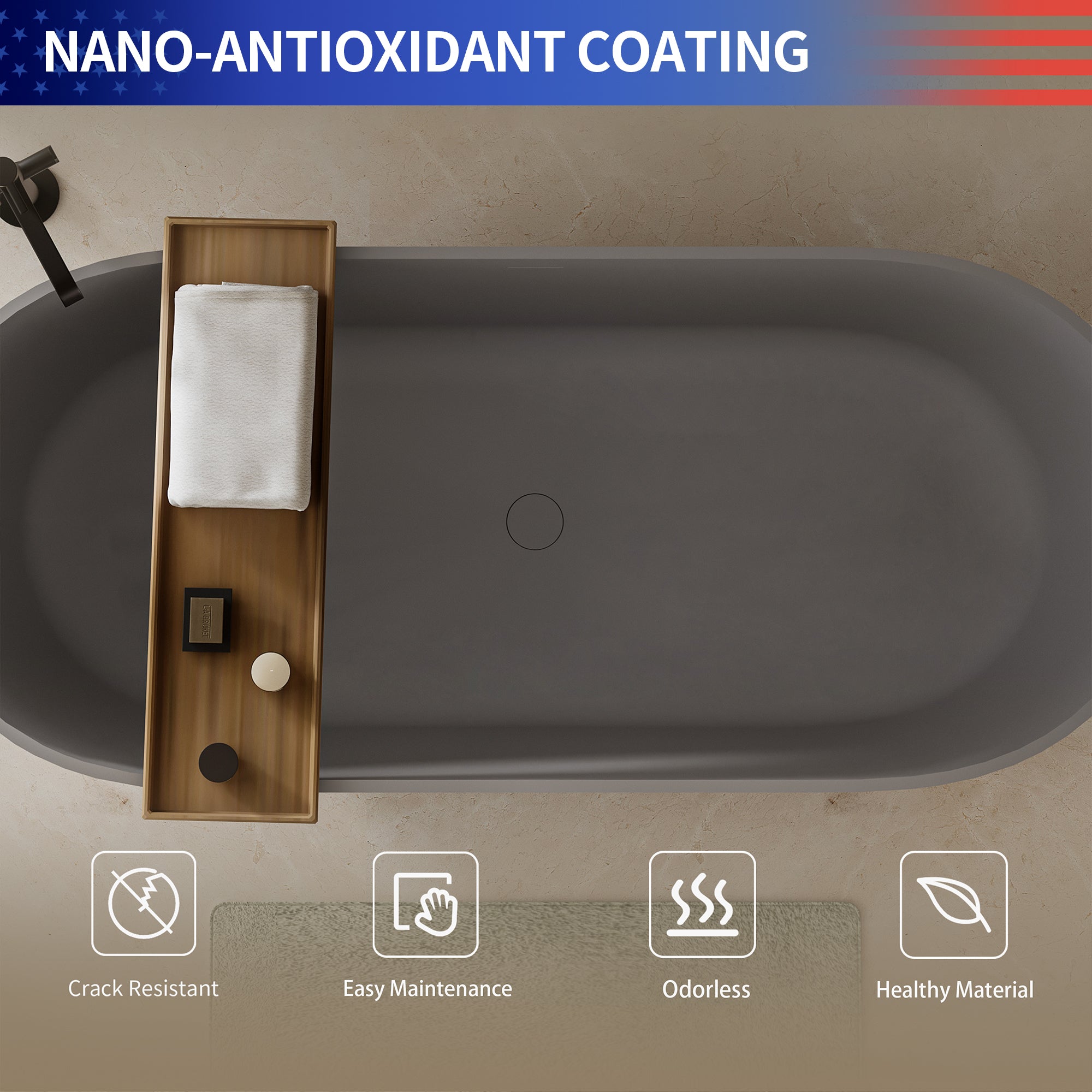 63" Stone Resin Freestanding Soaking Bathtub, Matte Gray,RX-S05-63DG