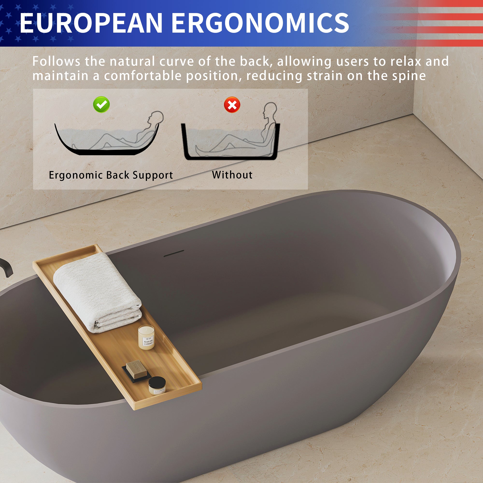 63" Stone Resin Freestanding Soaking Bathtub, Matte Gray,RX-S05-63DG