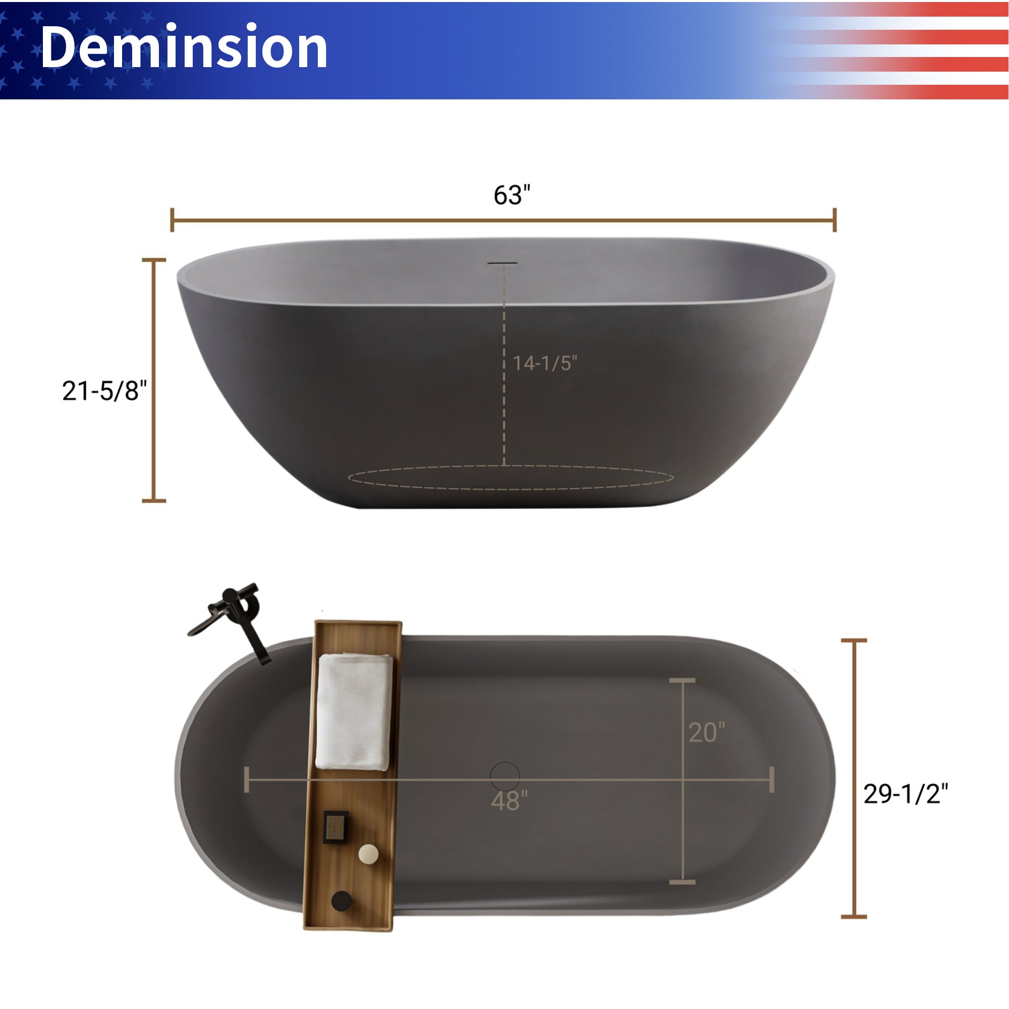 63" Stone Resin Freestanding Soaking Bathtub, Matte Gray,RX-S05-63DG