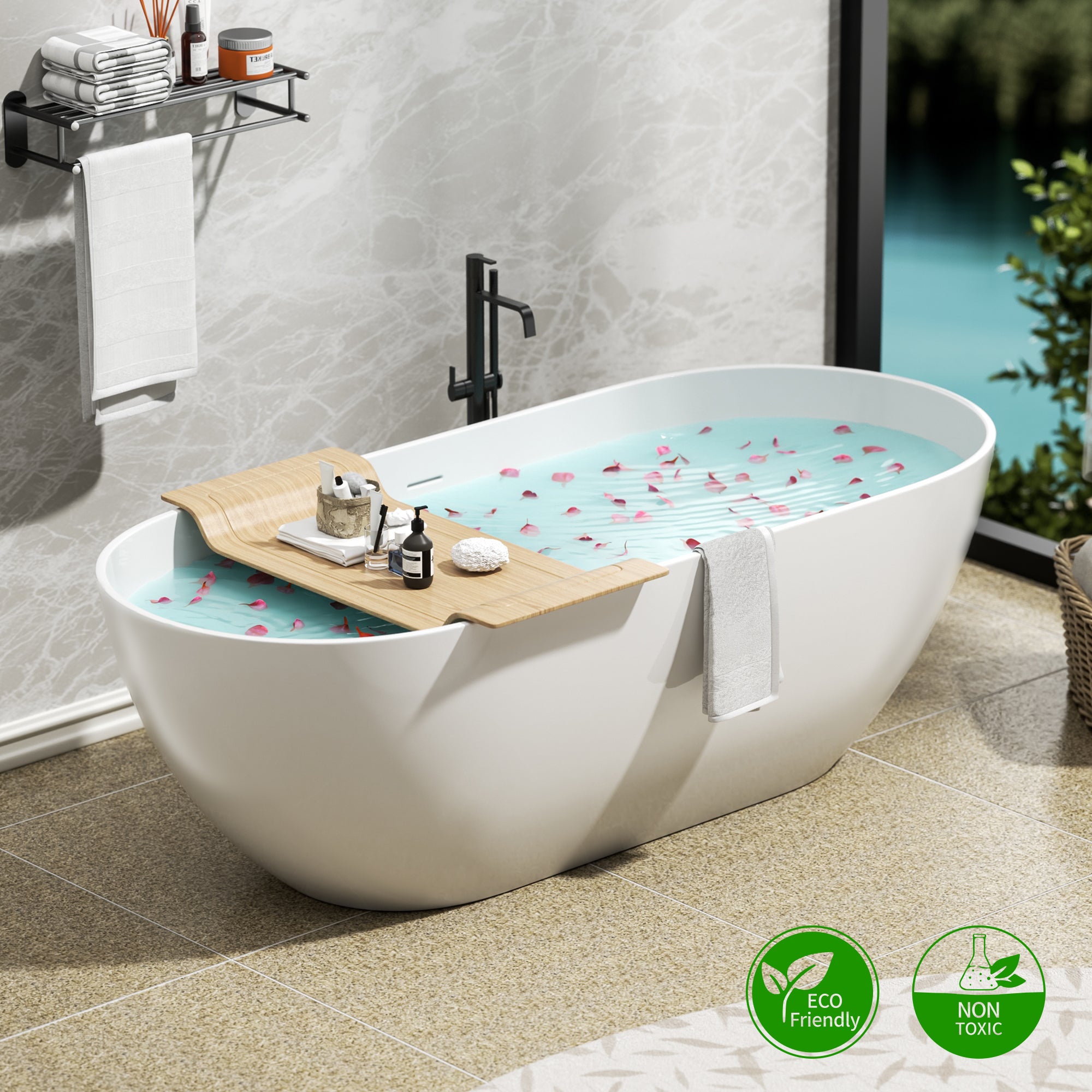 63" Stone Resin Freestanding Soaking Bathtub, Matte White