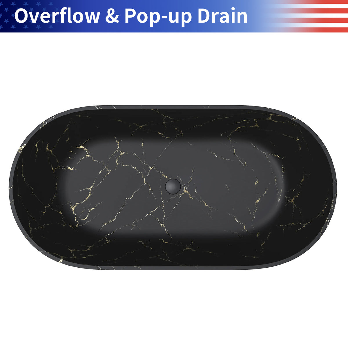 69 in. Black Marble Look Solid Surface Freestanding Soaking Bathtub with Gold Veining