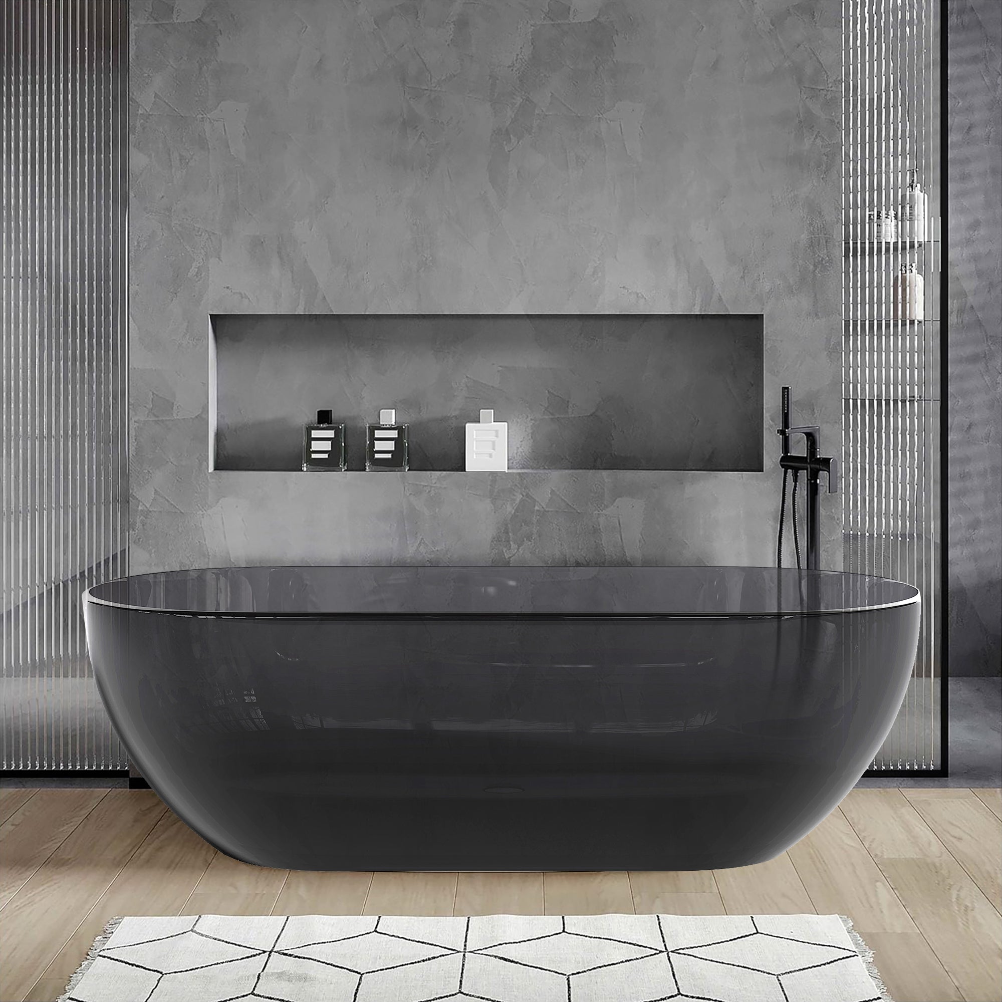 69" Oval Transparent Black Solid Surface Freestanding Soaking Bathtub