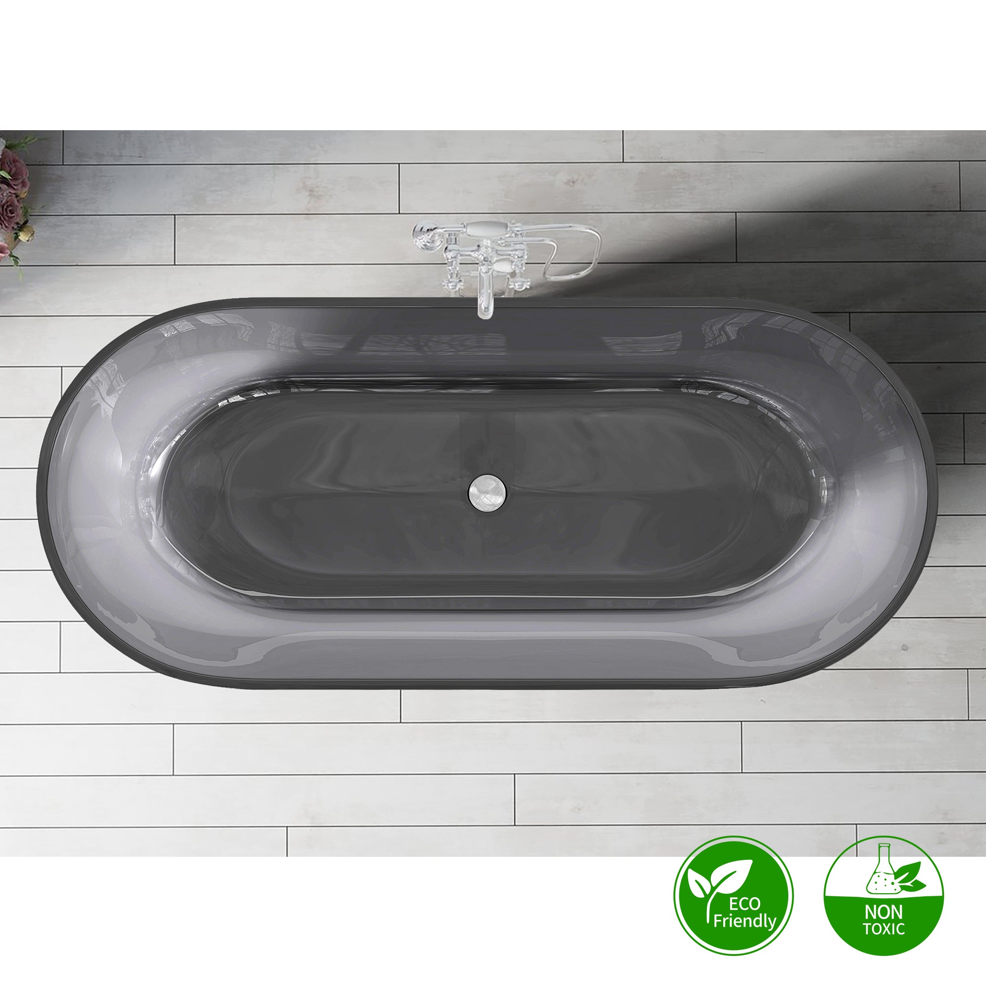 69" Oval Transparent Black Solid Surface Freestanding Soaking Bathtub