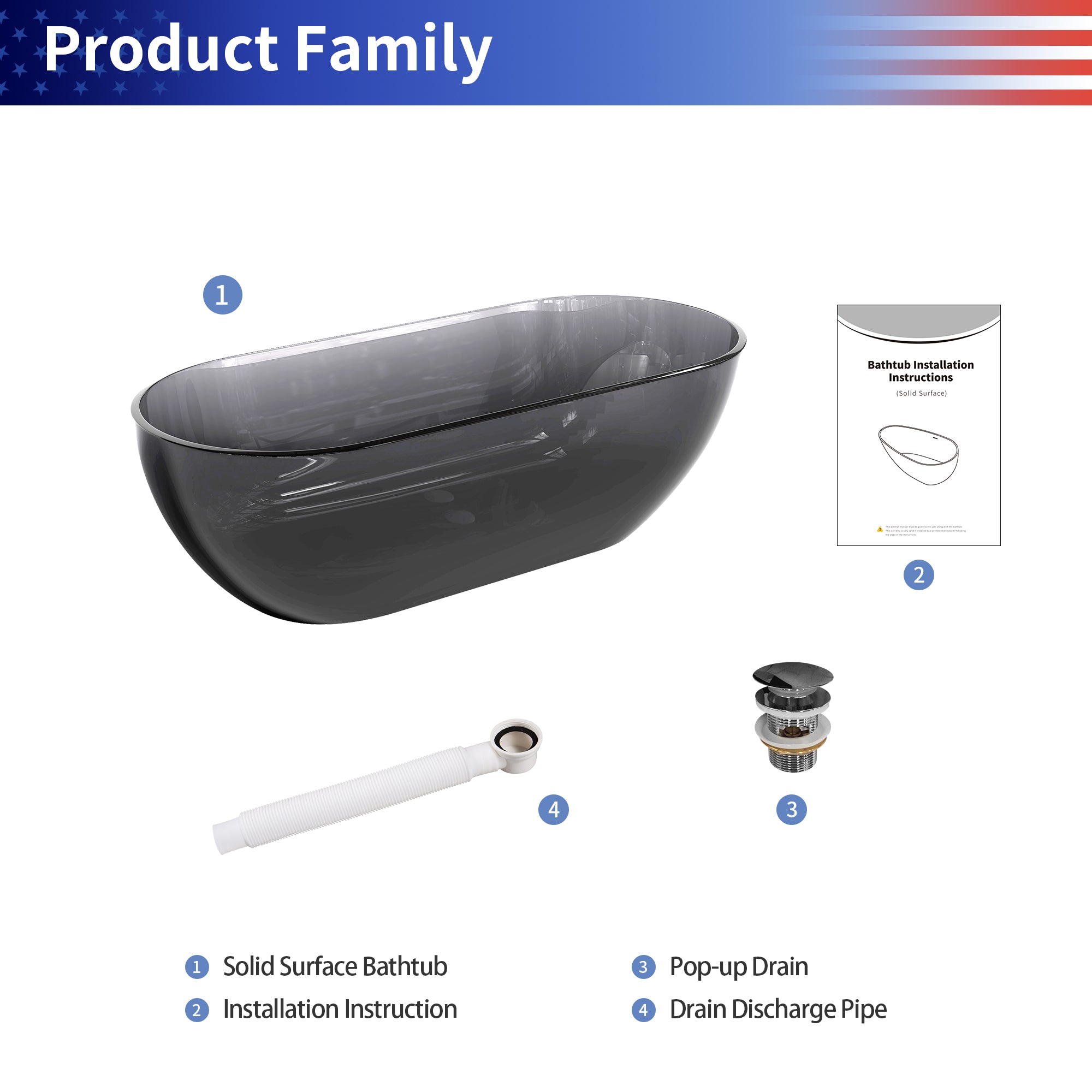 69" Oval Transparent Black Solid Surface Freestanding Soaking Bathtub