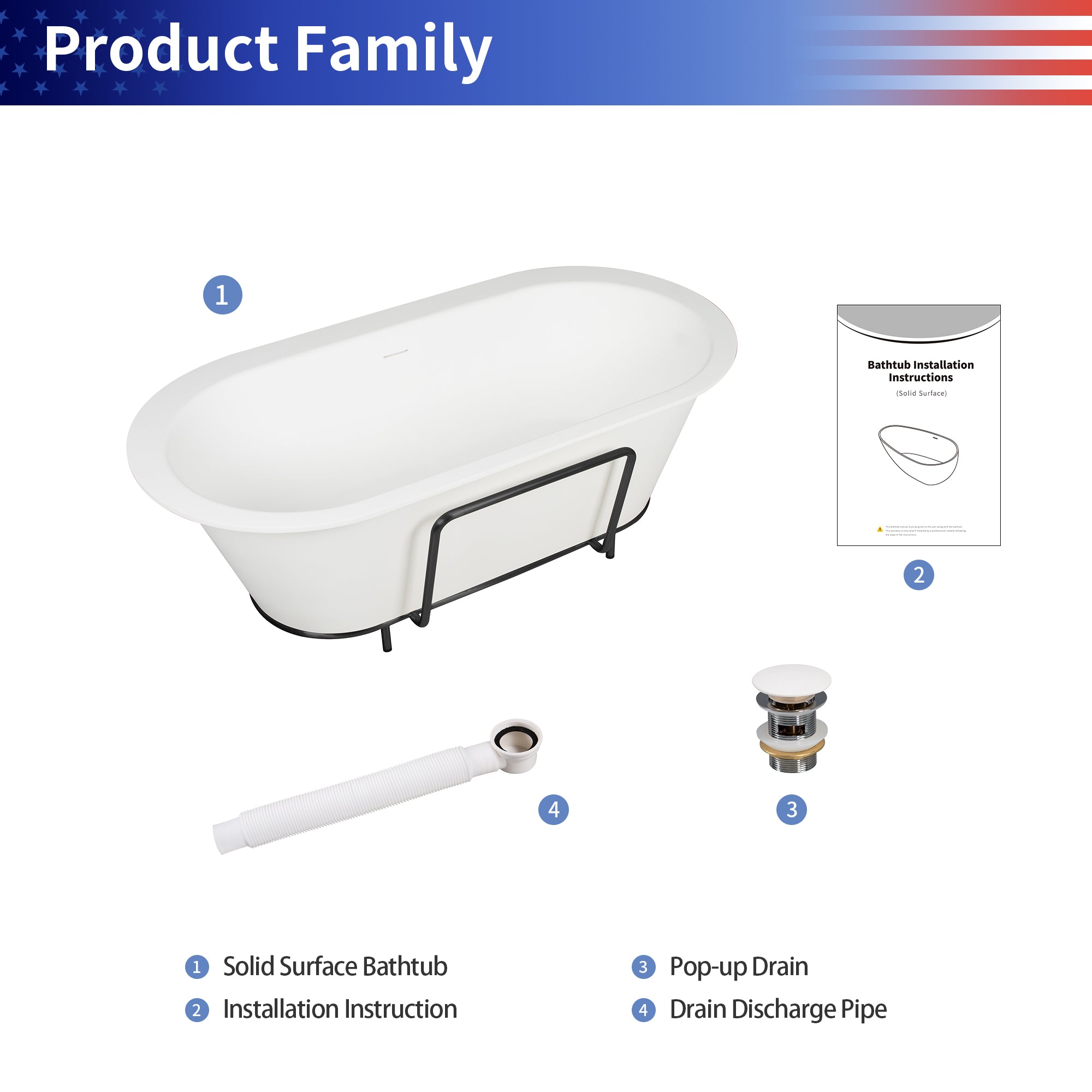 Baignoire autoportante ovale de 71 po avec surface solide et trop-plein RX-S07-71
