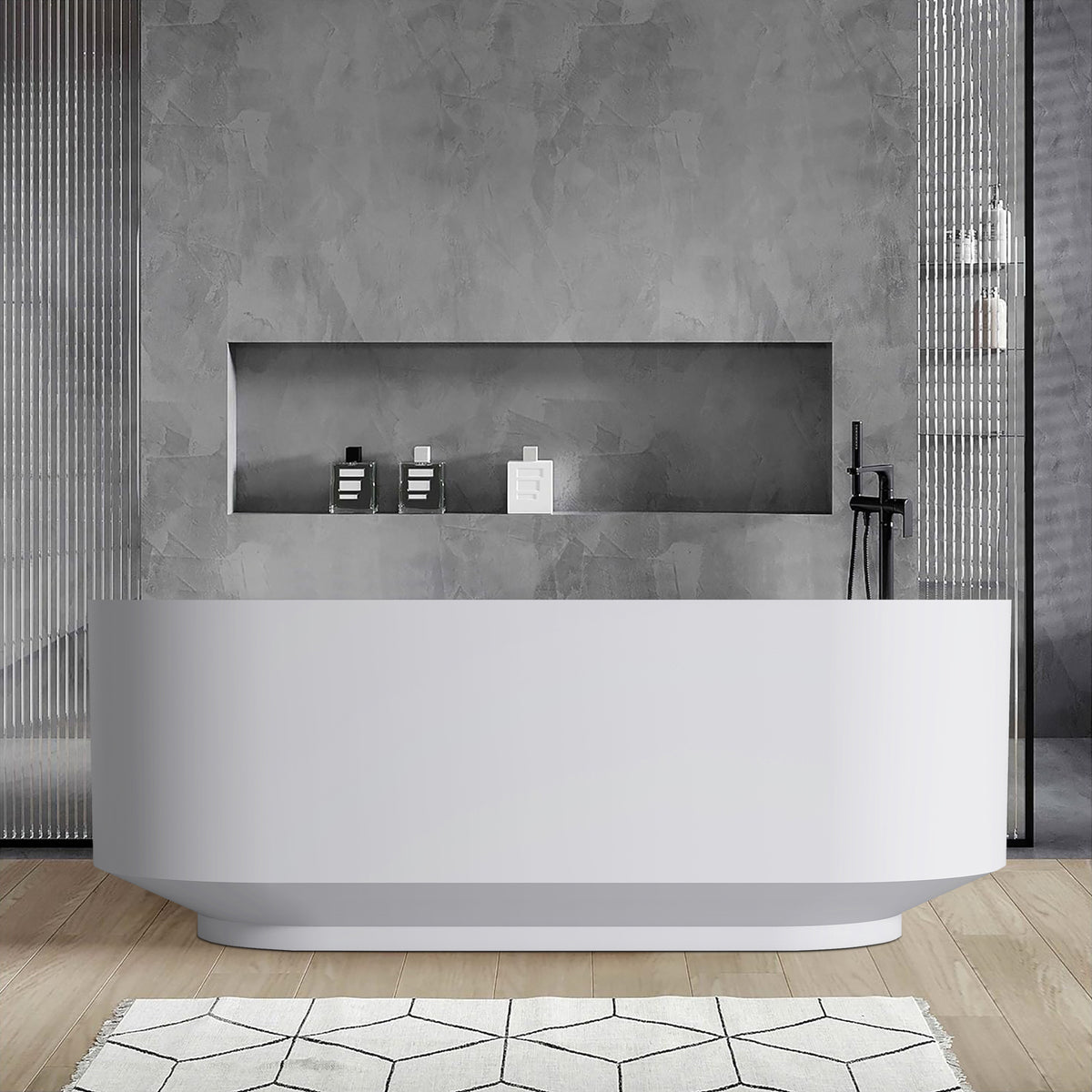 RAINLEX 67 in. Oval Solid Surface Freestanding Soaking Bathtub (S09)