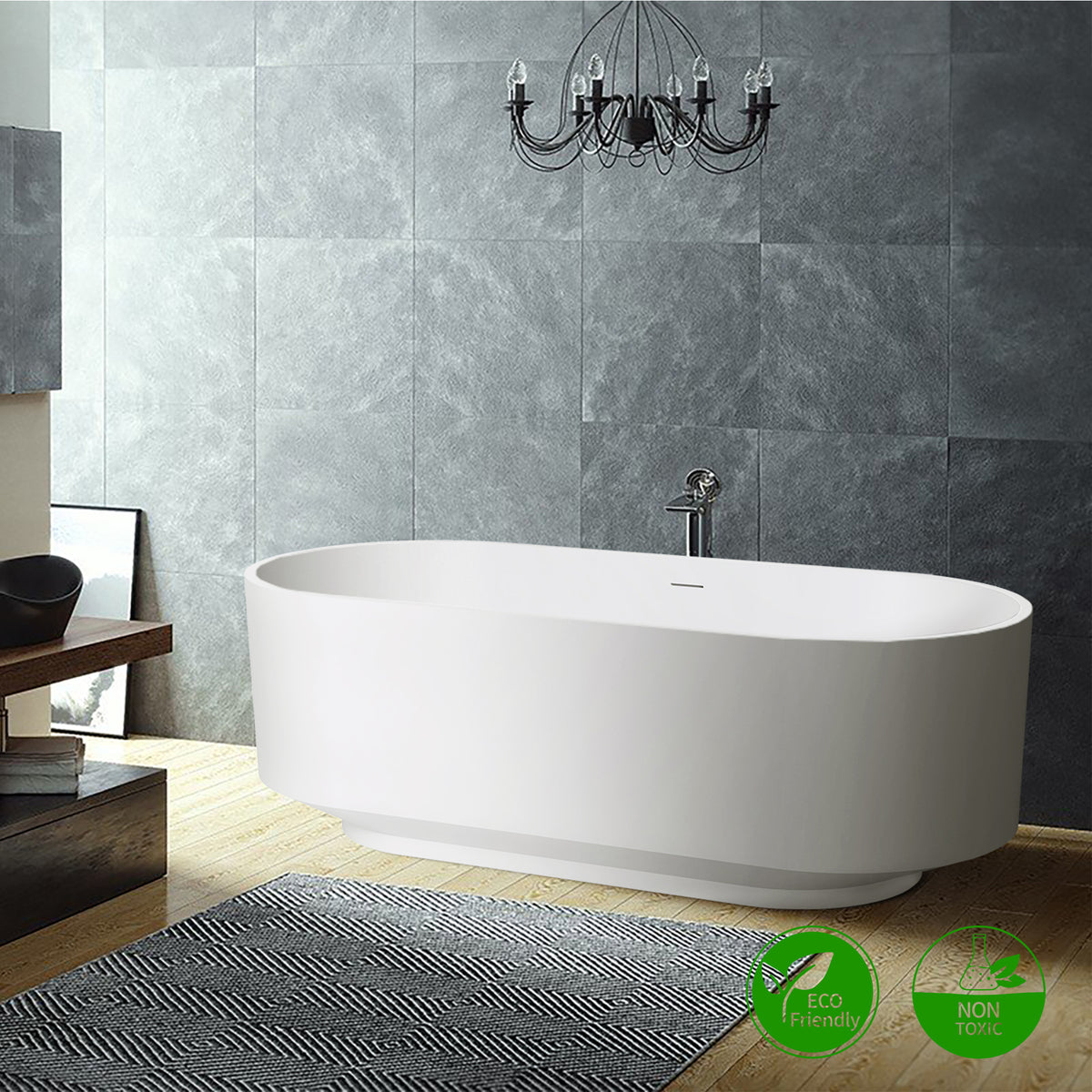 RAINLEX 67 in. Oval Solid Surface Freestanding Soaking Bathtub (S09)