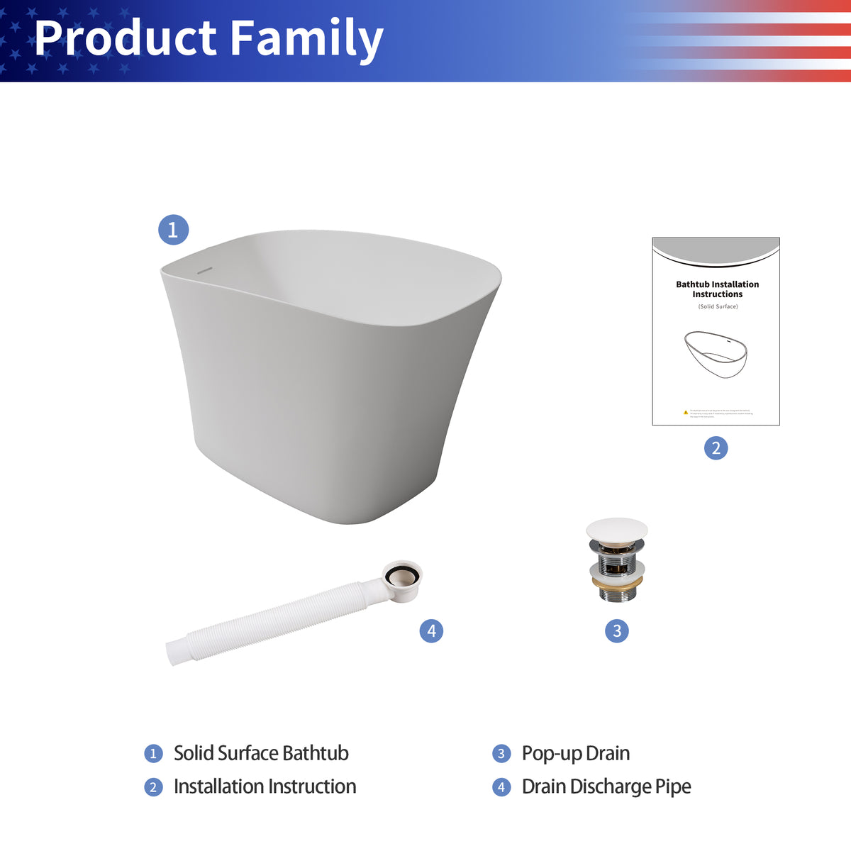 RAINLEX 51 in. Solid Surface Freestanding Soaking Bathtub