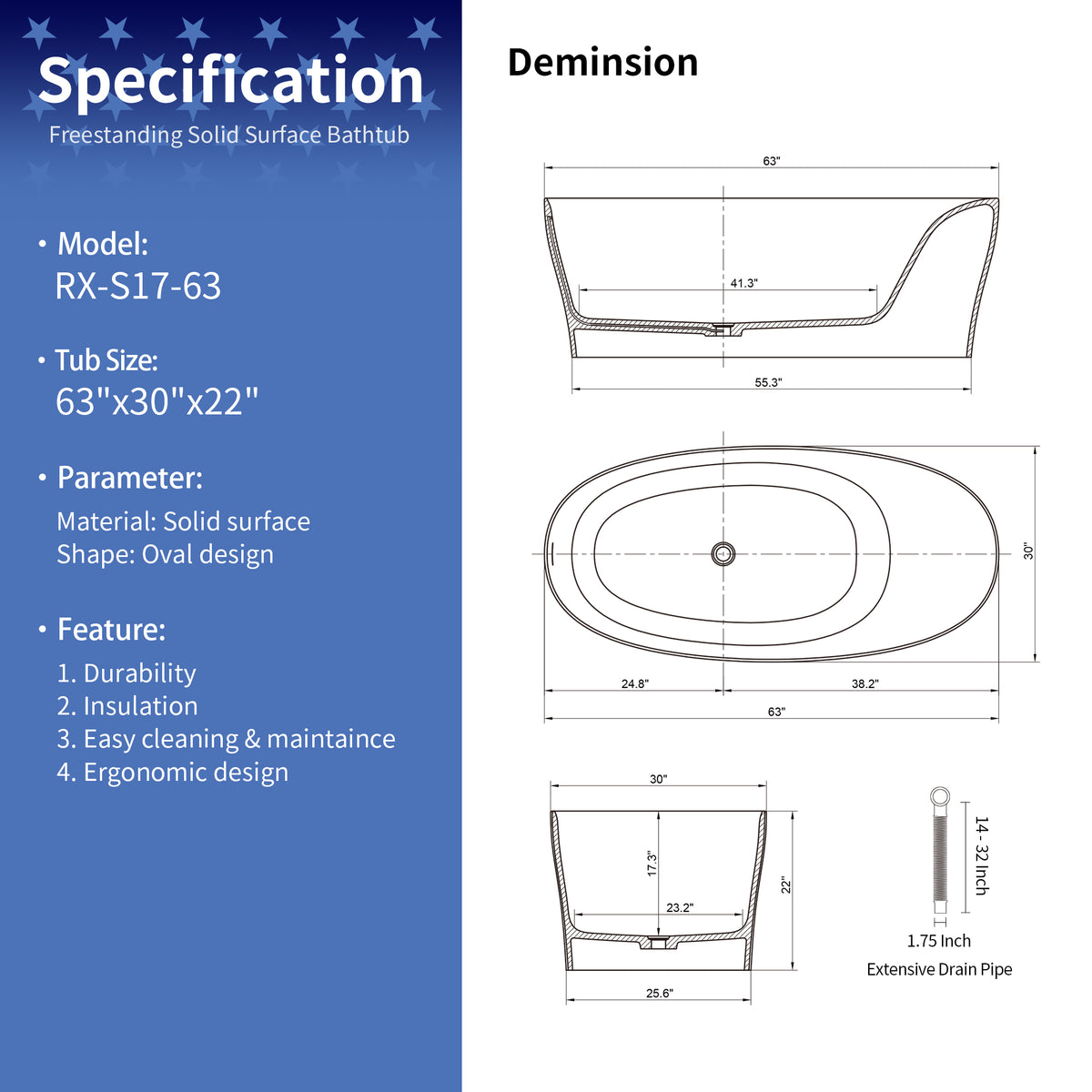 RAINLEX 63" Solid Surface Freestanding Soaking Bathtub (S17)