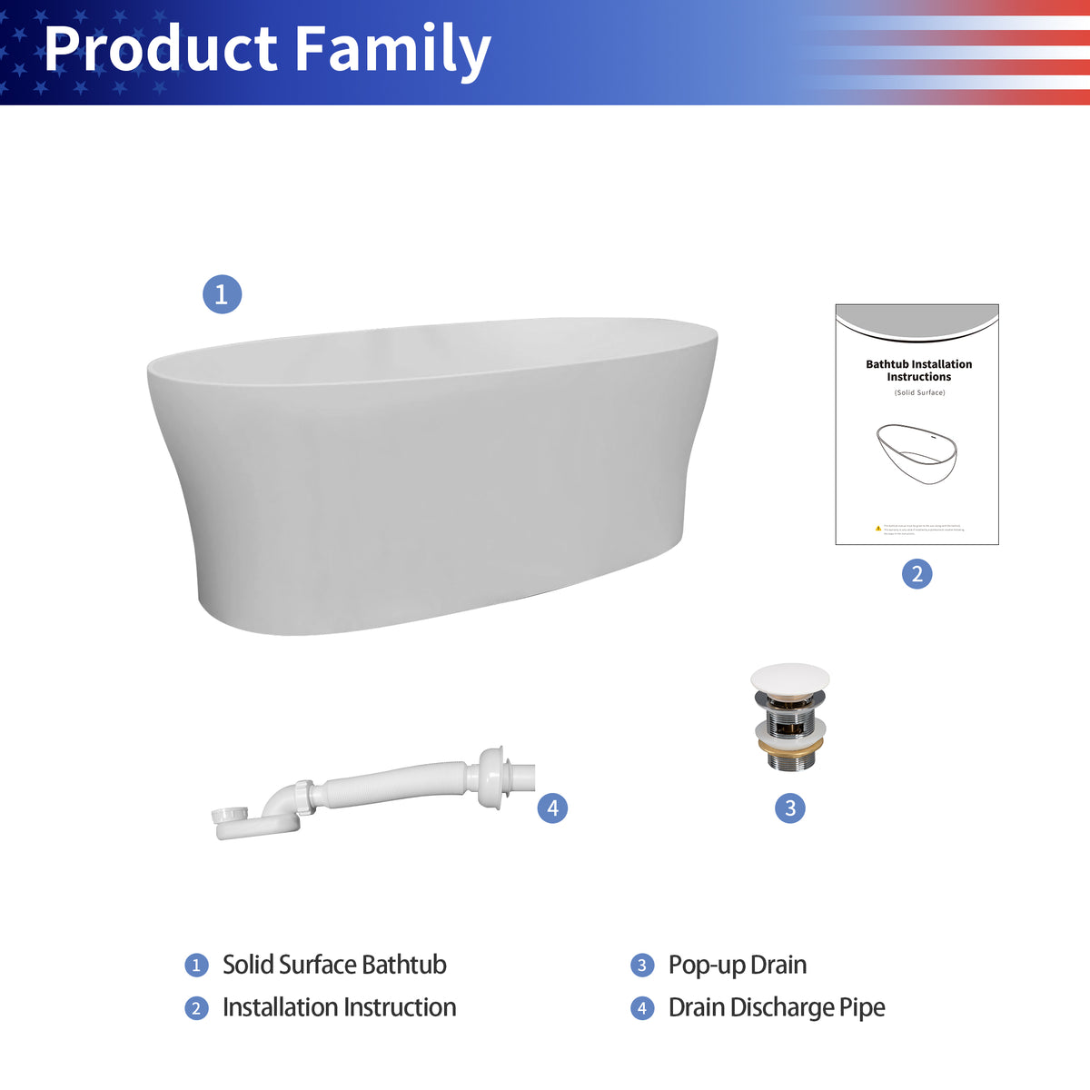 RAINLEX 63" Solid Surface Freestanding Soaking Bathtub (S17)