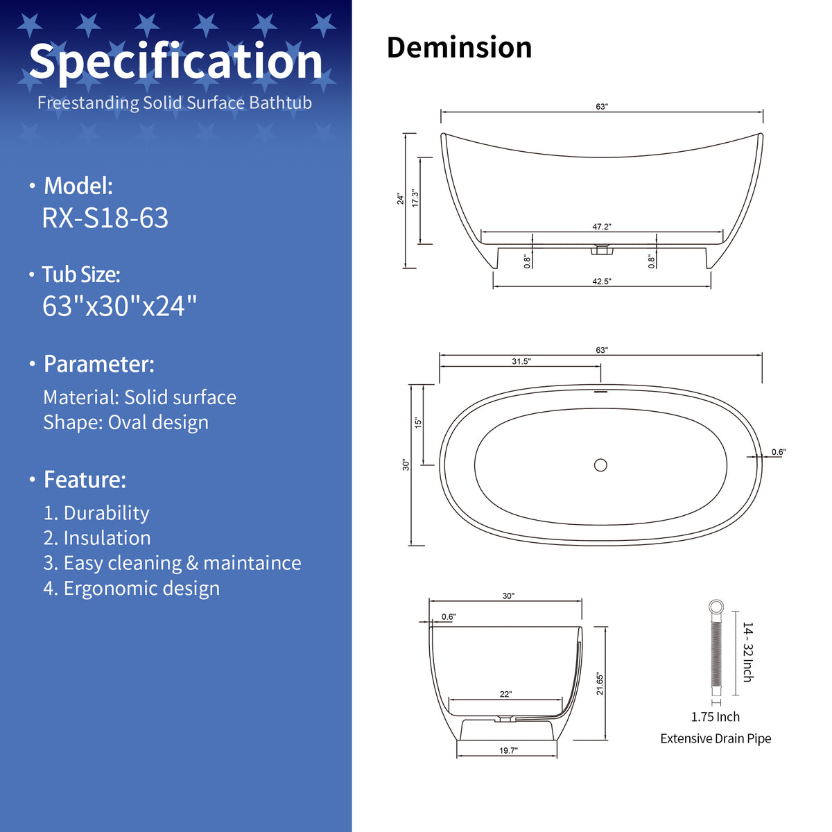 63" Solid Surface Freestanding Soaking Bathtub (S18)