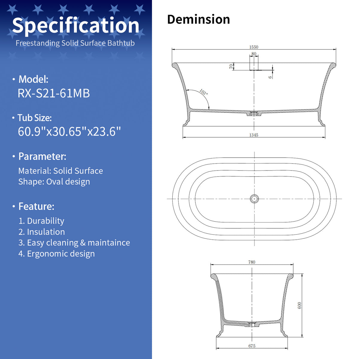 61 in. Matte Black Solid Surface Freestanding Soaking Bathtub