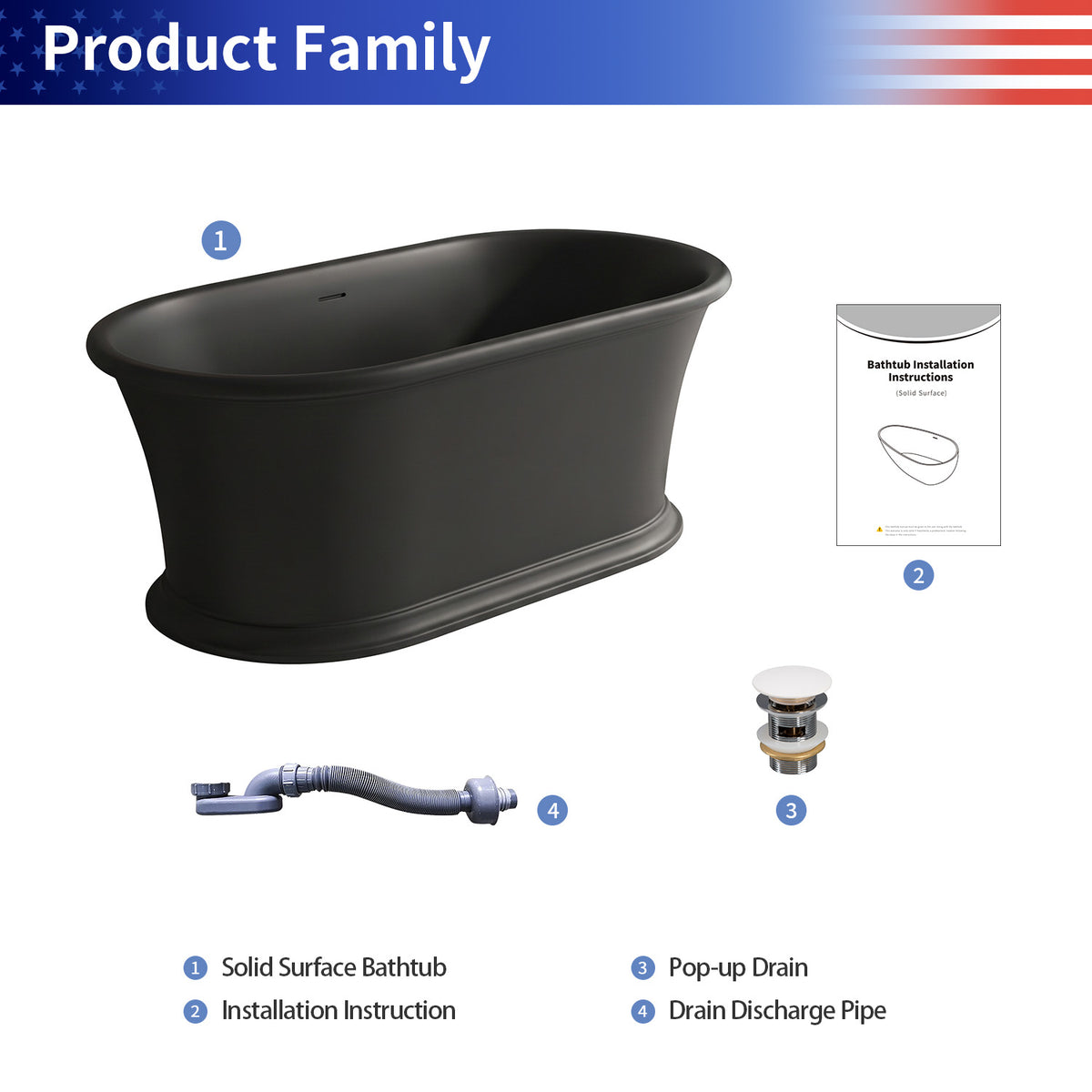 61 in. Matte Black Solid Surface Freestanding Soaking Bathtub