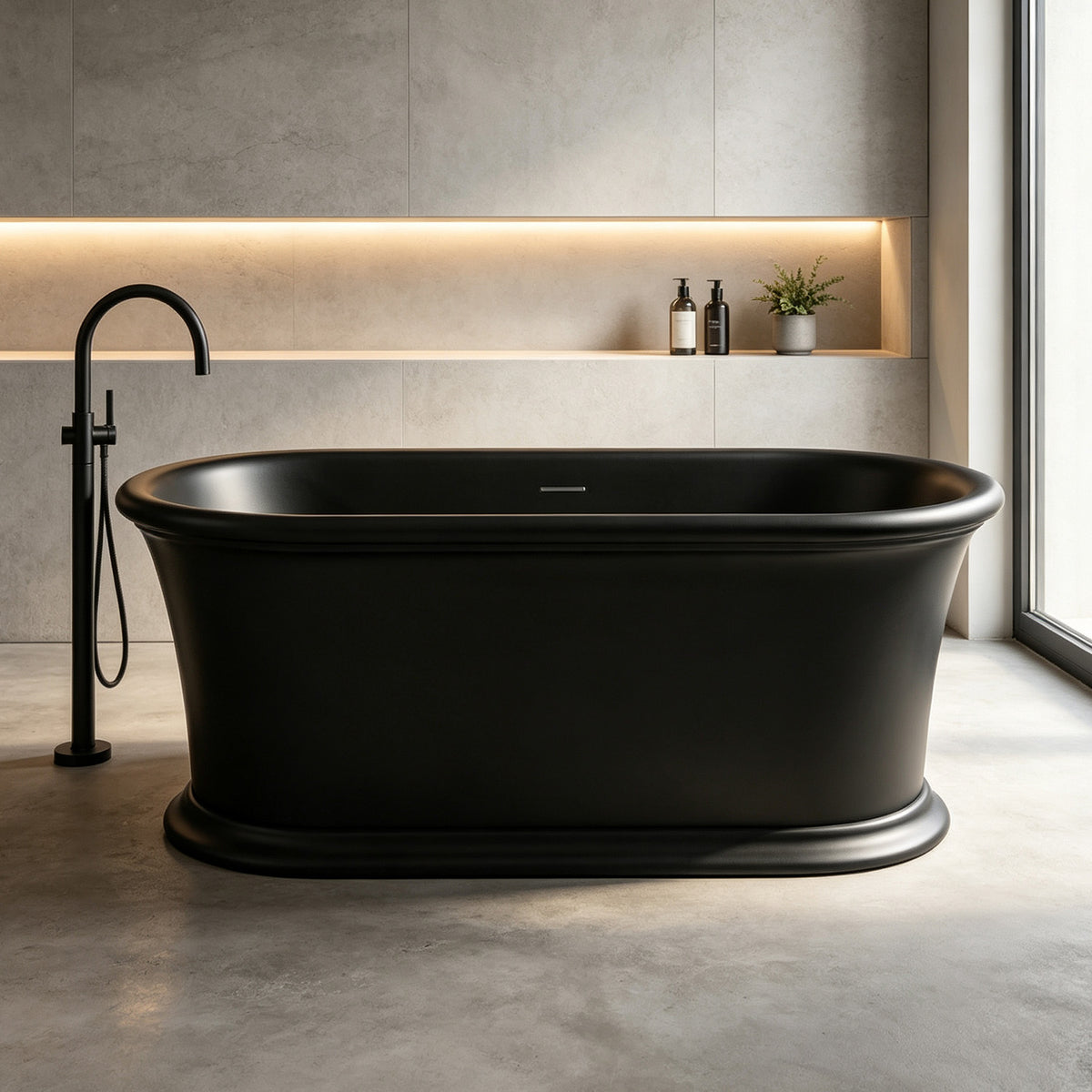 61 in. Matte Black Solid Surface Freestanding Soaking Bathtub