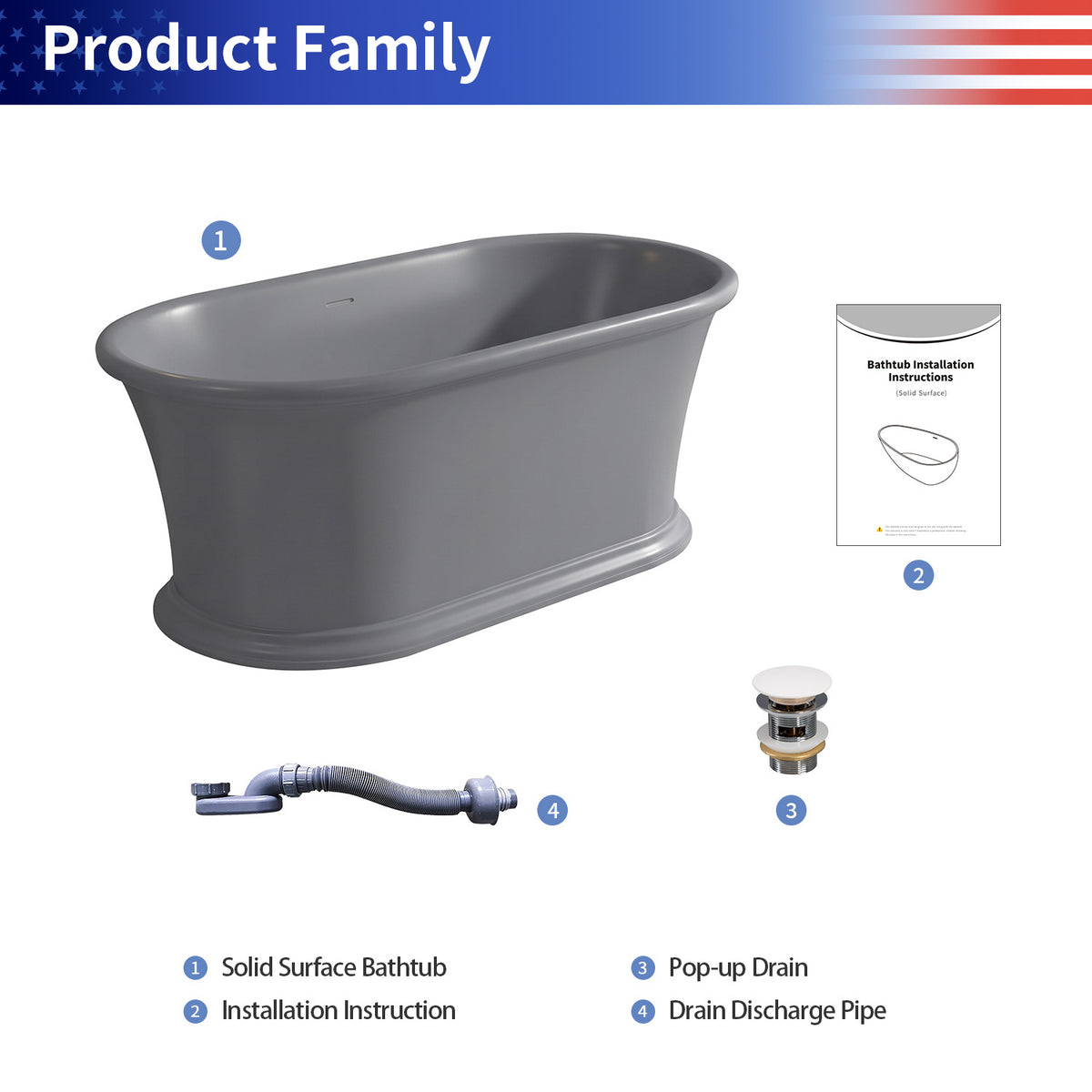 61 in. Matte Grey Solid Surface Freestanding Soaking Bathtub