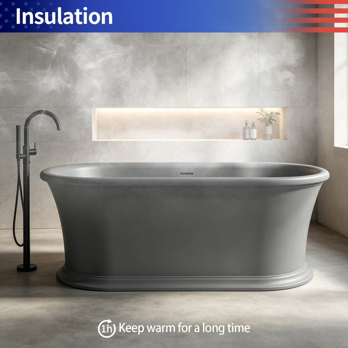 61 in. Matte Grey Solid Surface Freestanding Soaking Bathtub