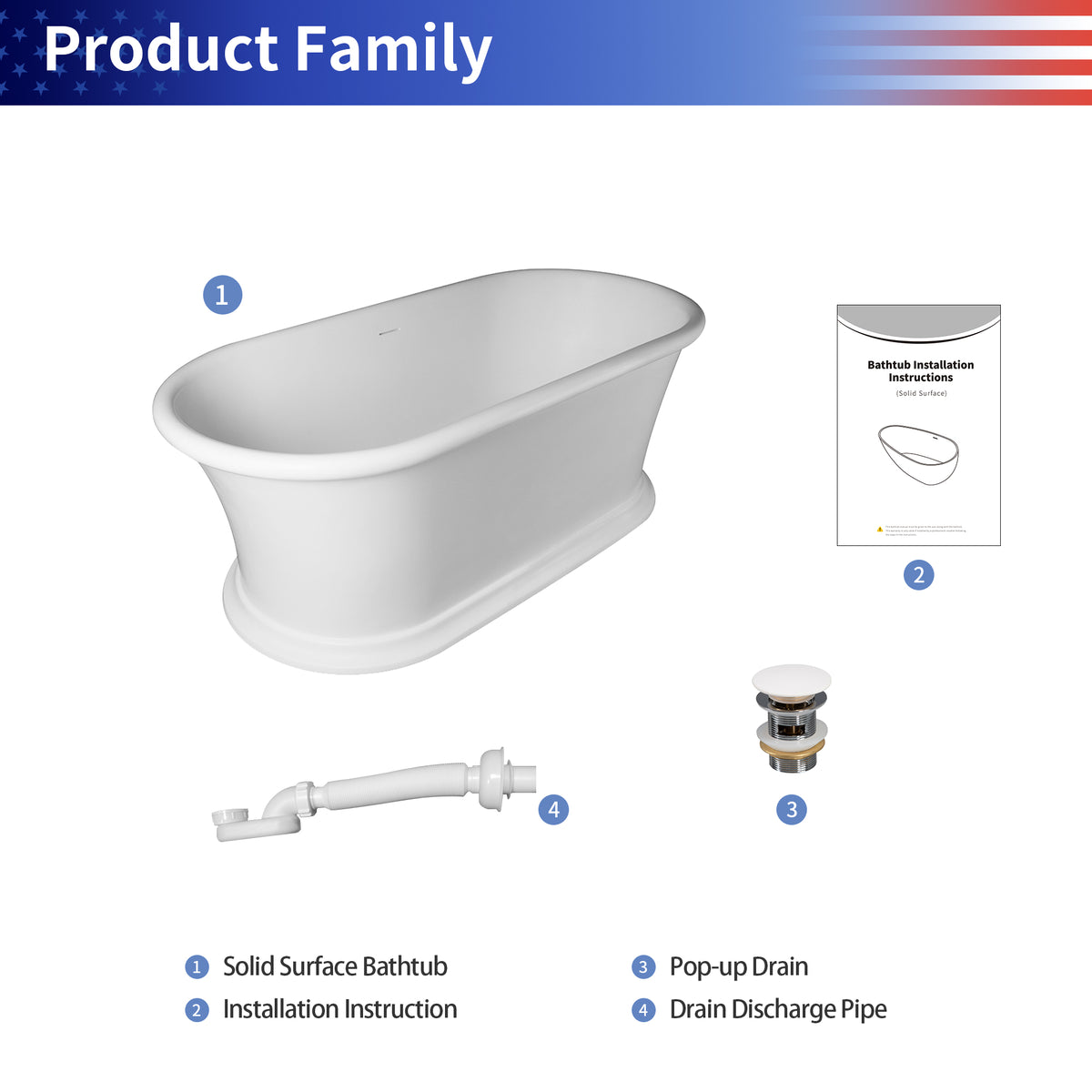 RAINLEX 61" Solid Surface Freestanding Soaking Bathtub
